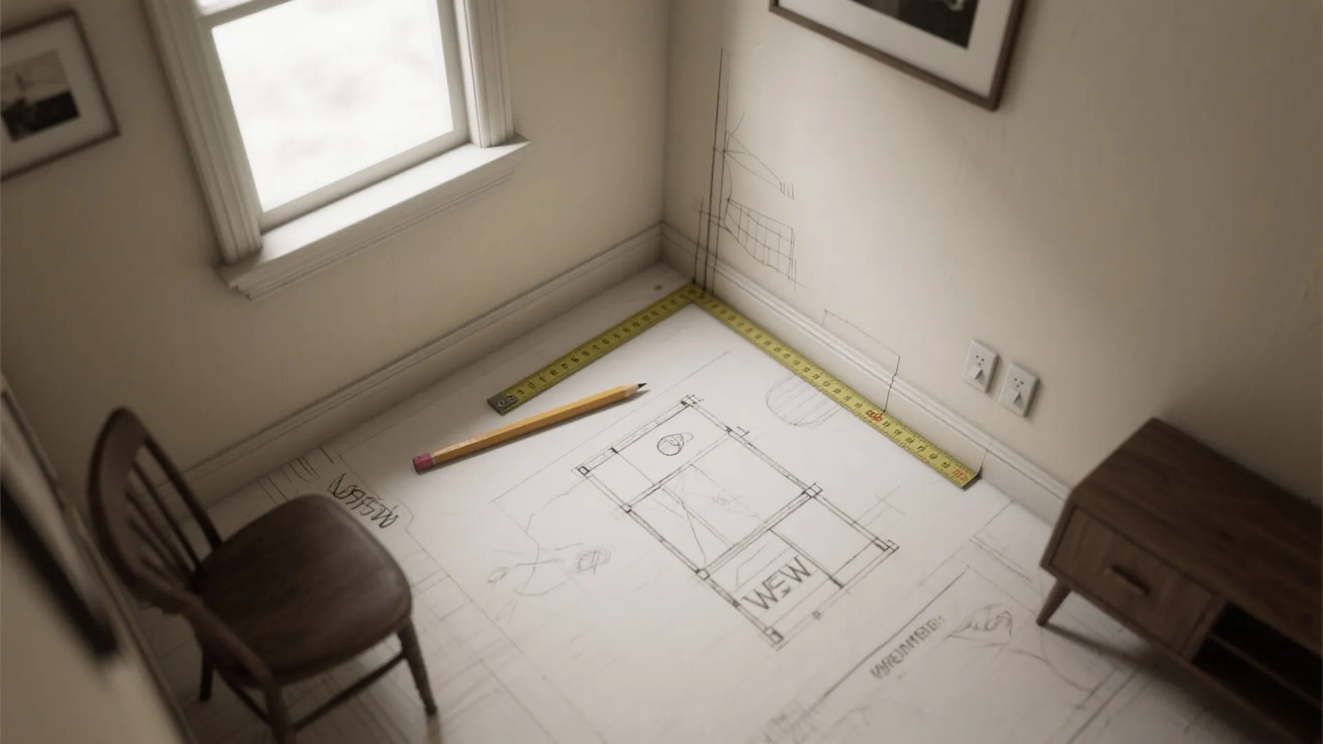 Floor plan sketch on the ground with a yellow measuring tape and a wood pencil