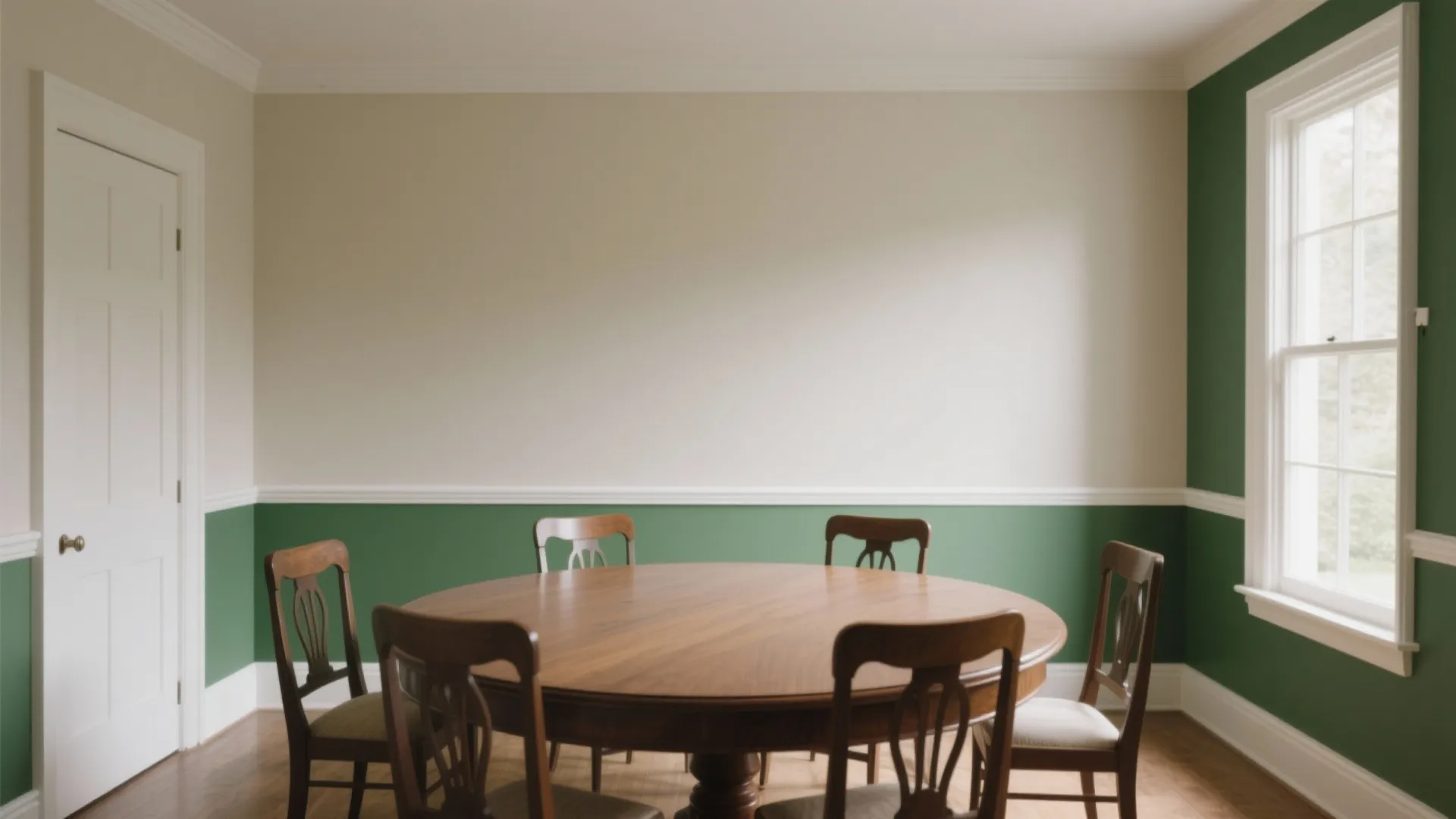 Dining room with white and green wall design round wooden table chairs white door light