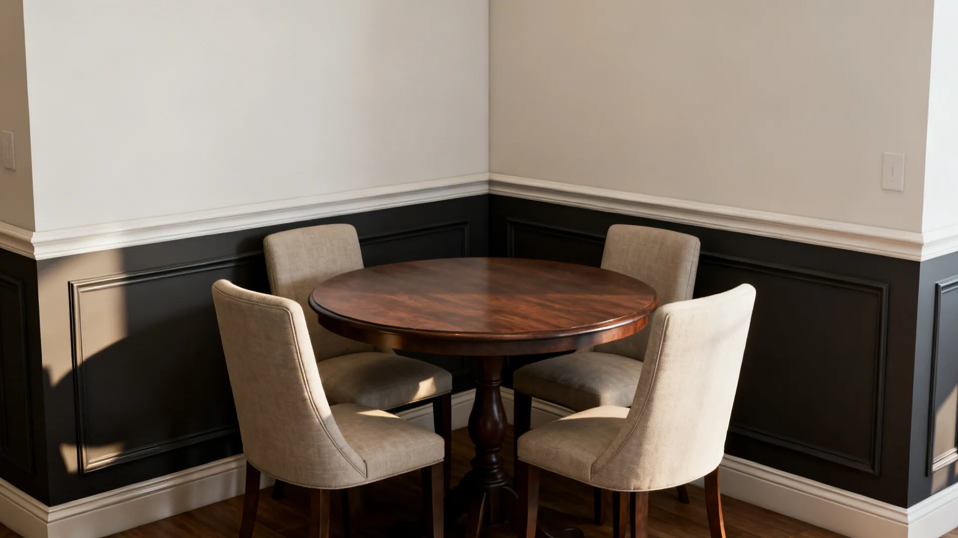 Round wooden dining table with four grey chairs against black and white wall panel design