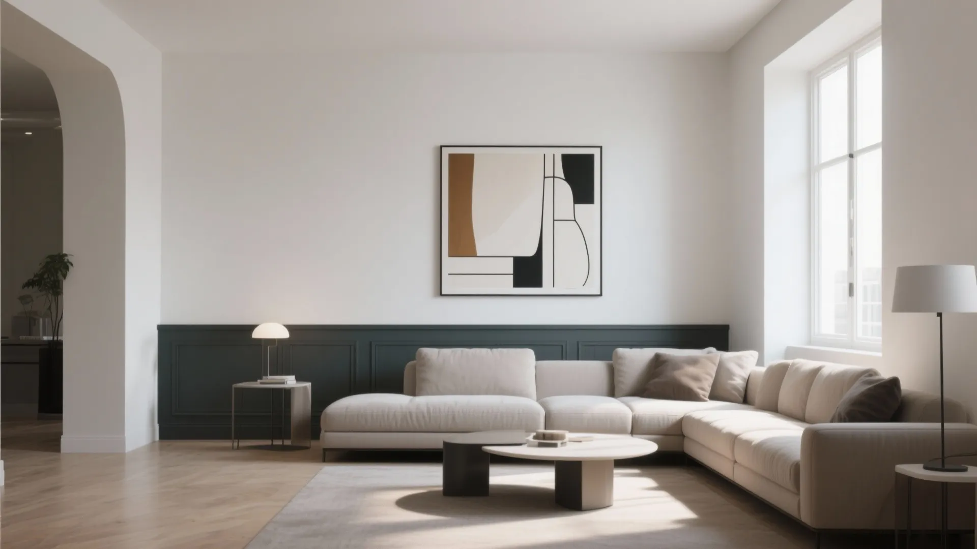 Living room with chair rail and two-tone wall paint