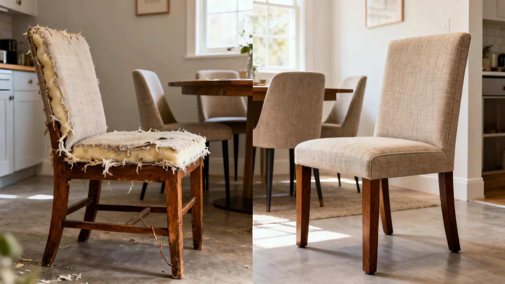 Split view of a worn dining chair before and a reupholstered chair after in a small open-plan room.