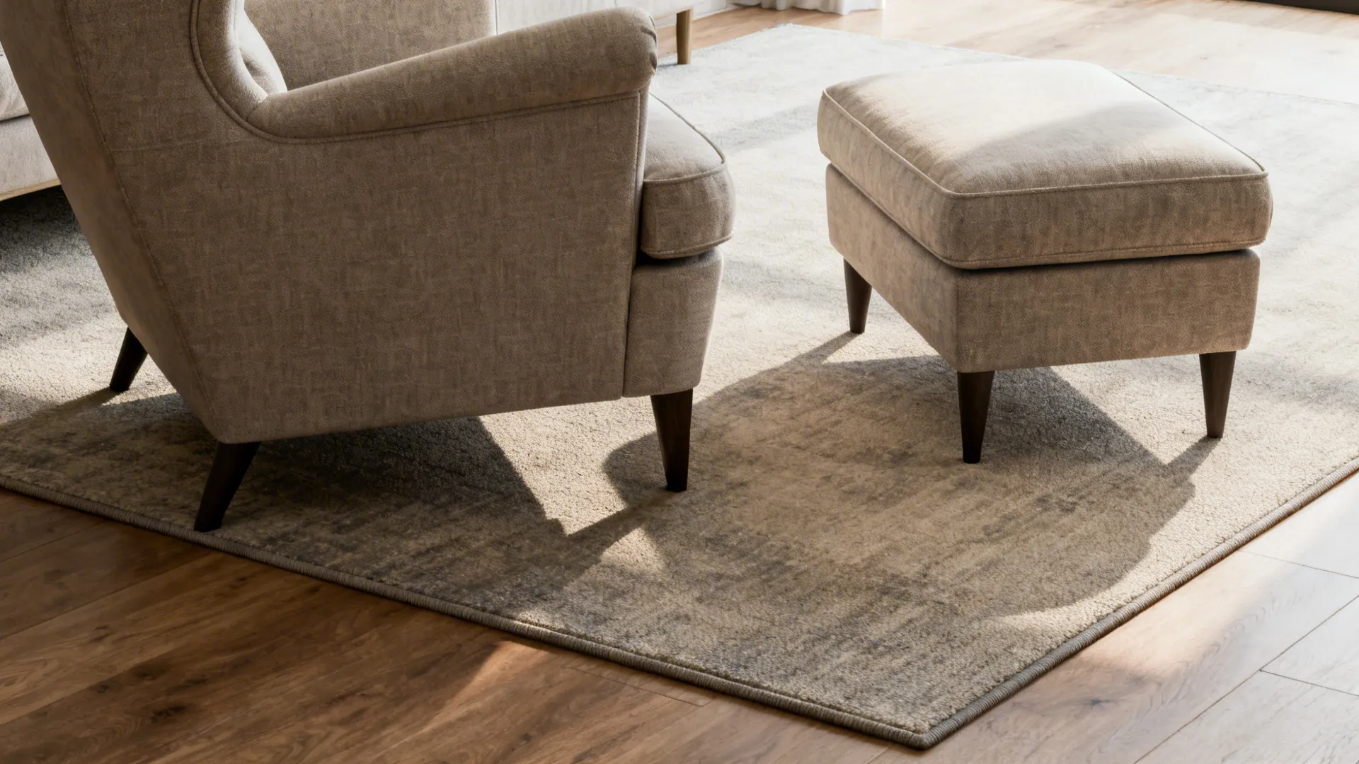 Oversized chair and ottoman positioned on a large low-profile rug that visually anchors the seating.