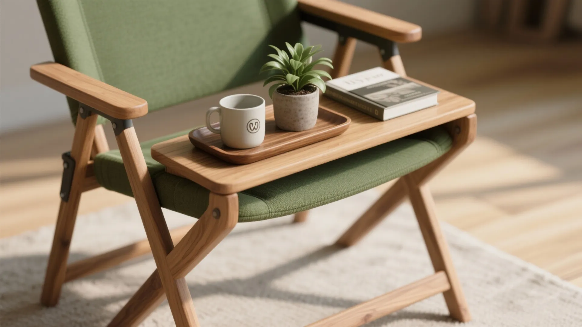 Green folding chair with wooden side tray holding a coffee mug small plant and book