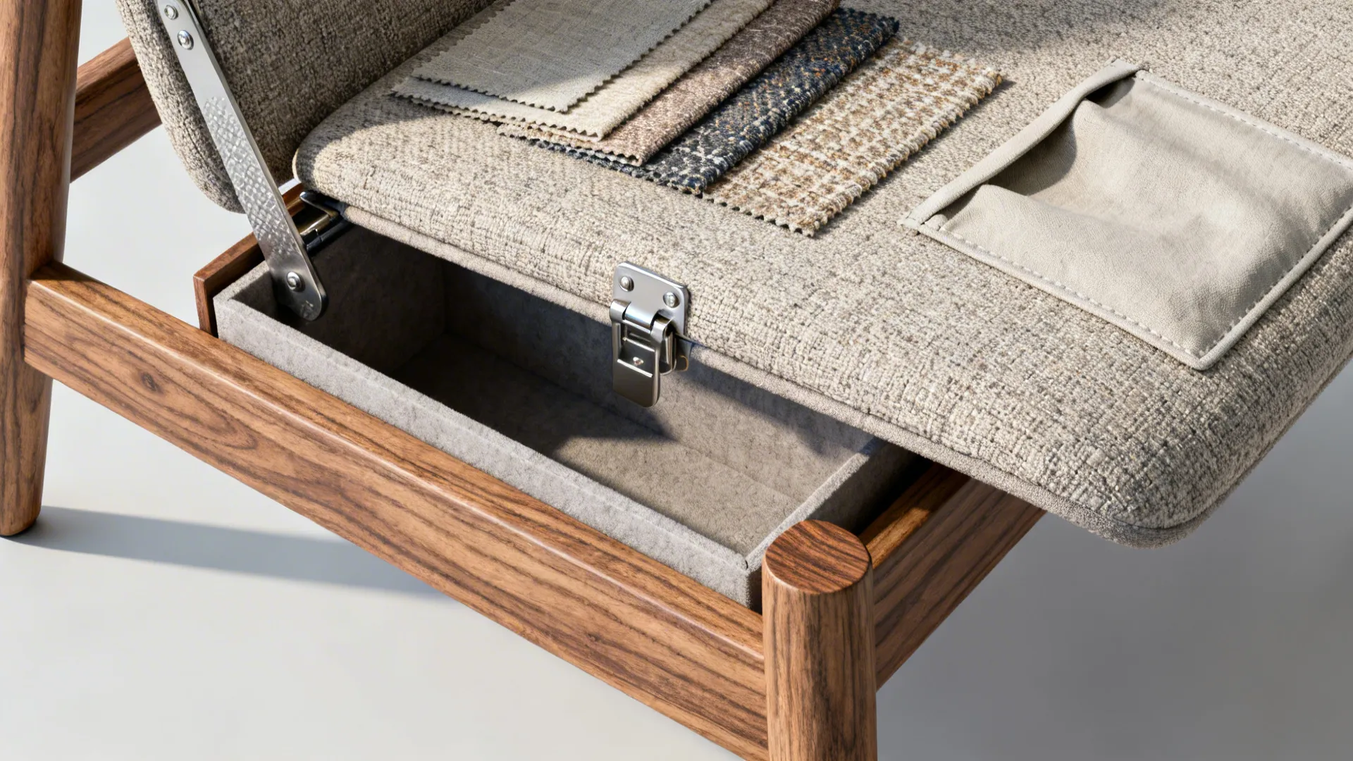 Flatlay of upholstery, lifted seat revealing hidden storage cubby and fabric samples.