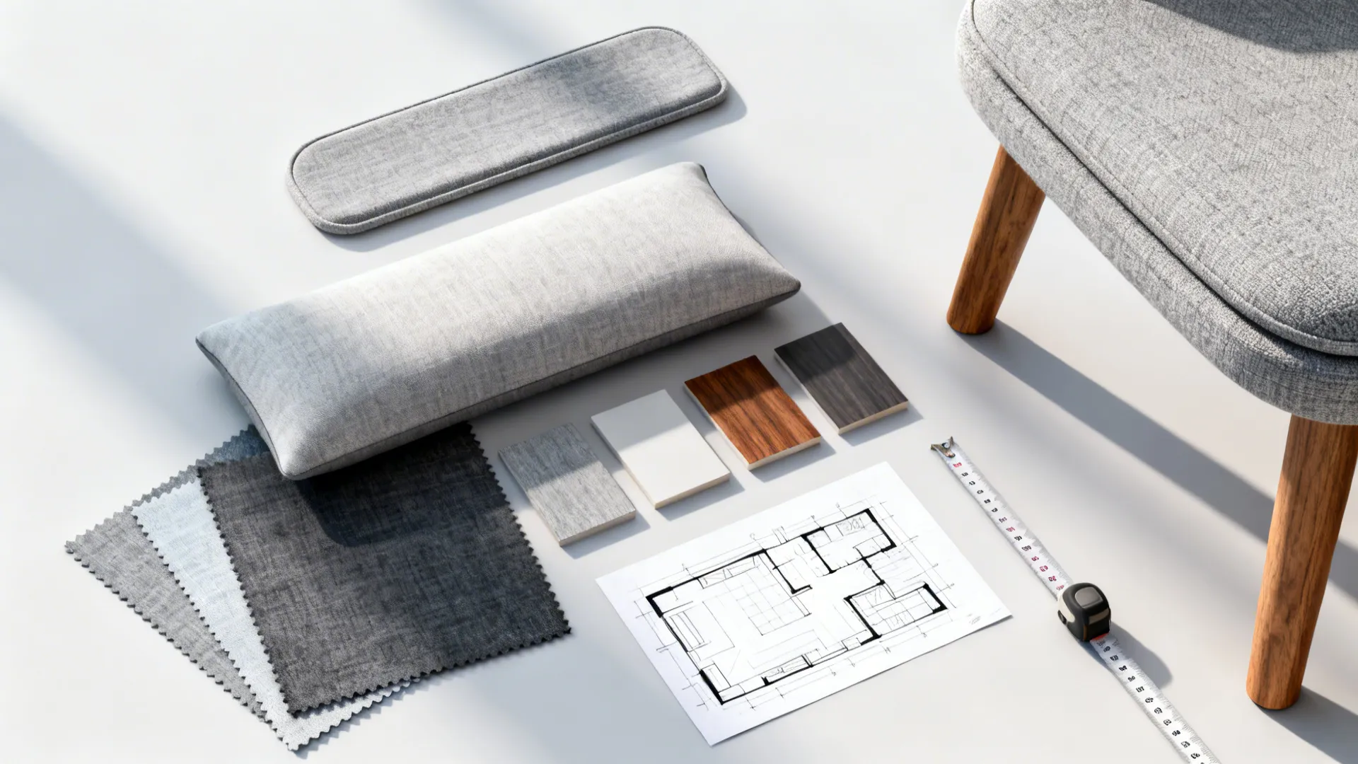 Top-down flatlay of grey fabric swatches, wood samples, and a measuring tape for chair selection.