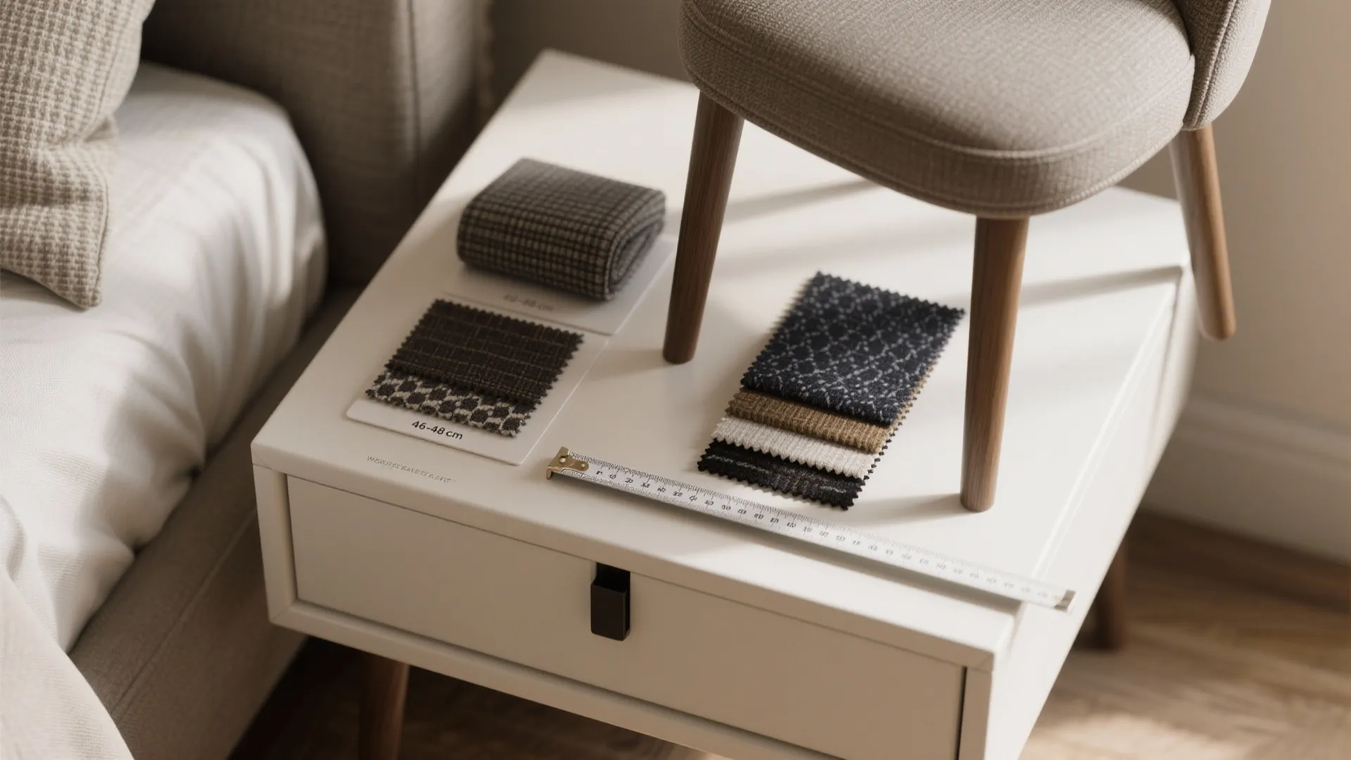 Fabric swatches and a measuring tape showing recommended seat heights and durable fabrics