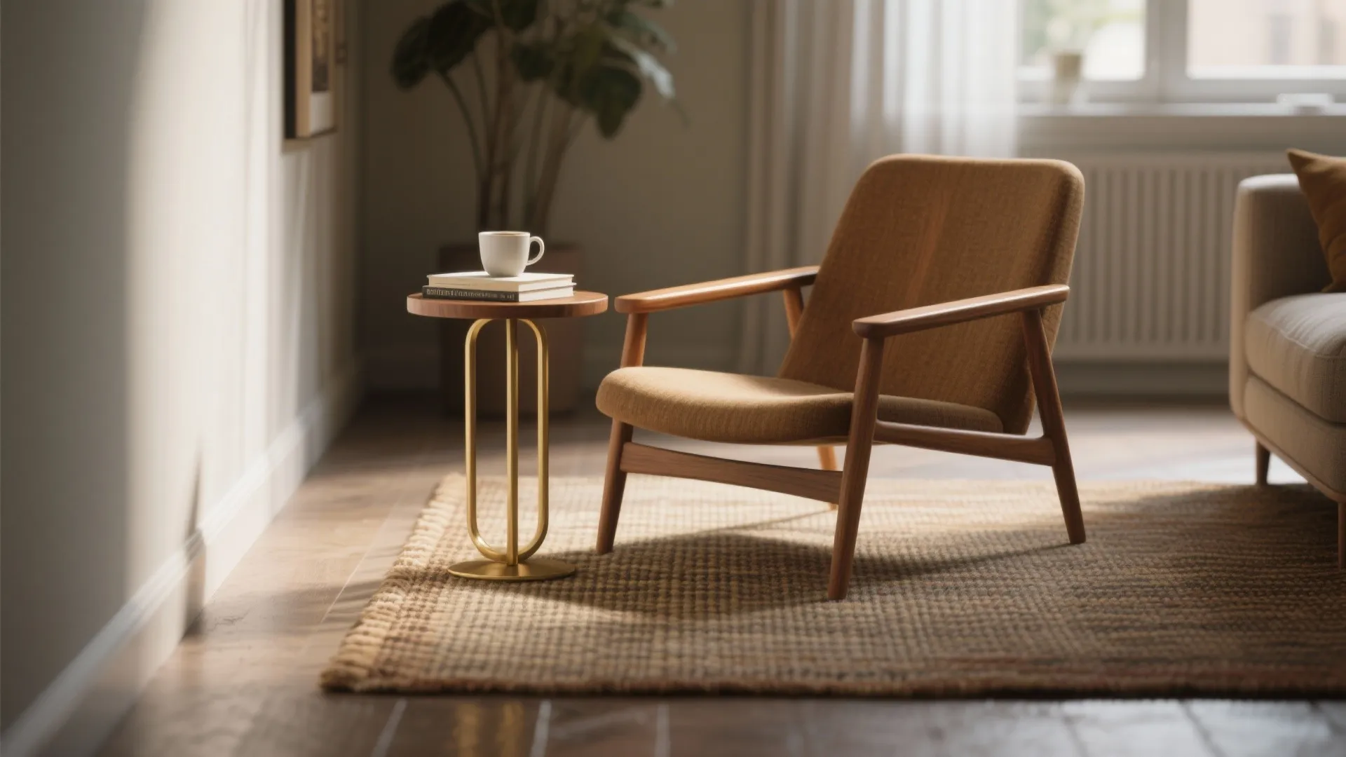 4. Chair-and-side-table duo on a small rug