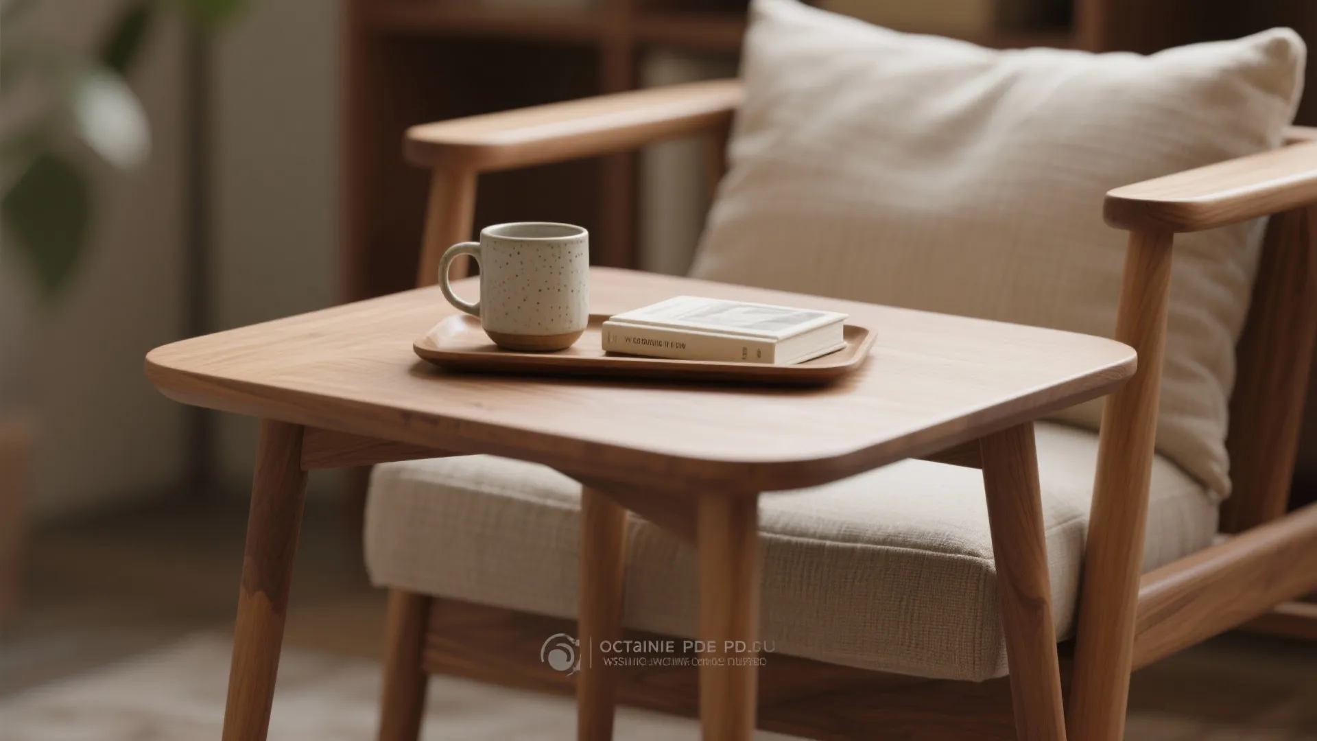 Wooden side table with a cup and small book on a tray next to armchair