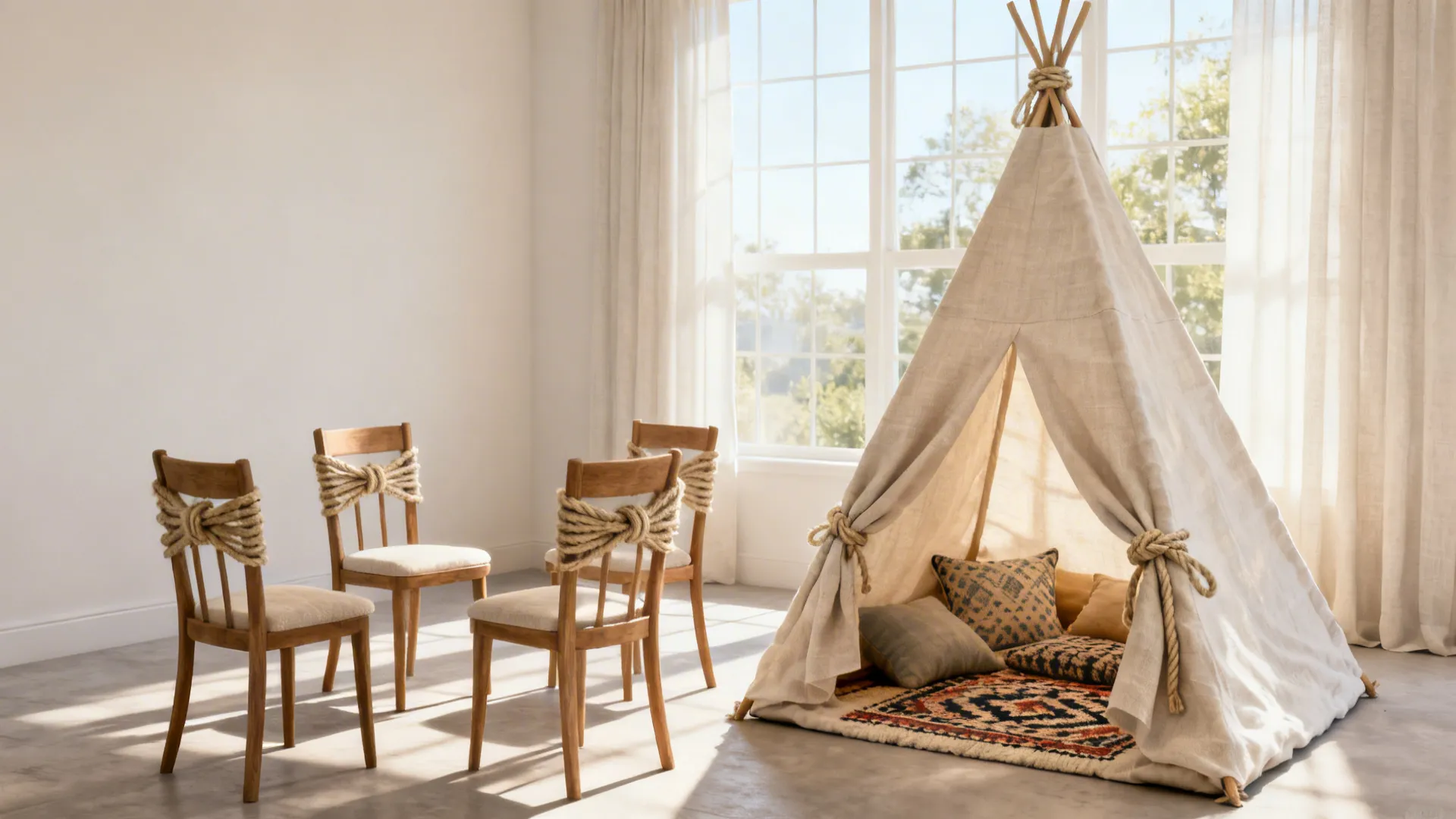 Chair-and-blanket teepee made from four chairs tied together and a draped sheet with cushions inside.