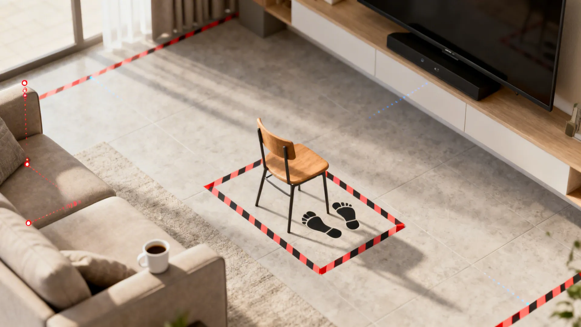 Top-down view of taped chair footprint and sightline checks in a tiny living room.