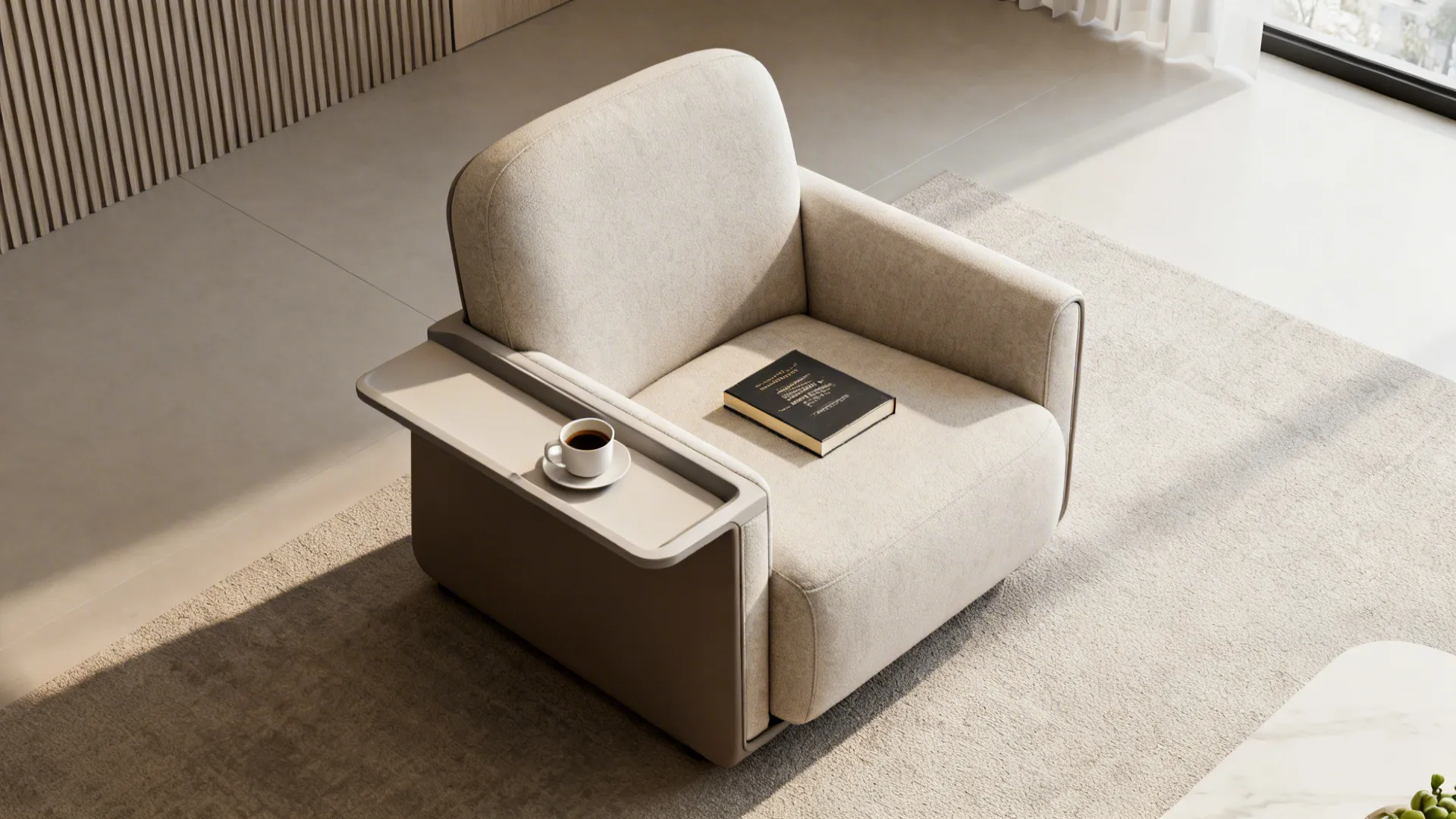 Armchair with built-in side table holding coffee and book in a small living room