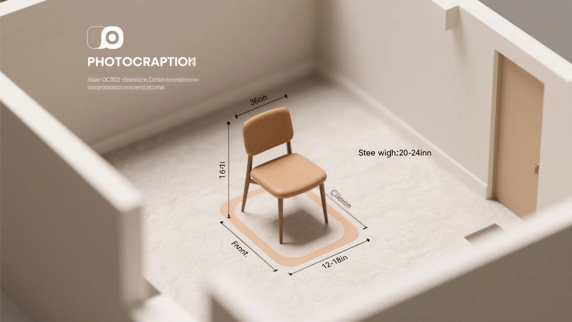 Interior design drawing of a brown chair in a room with measurements showing the dimensions