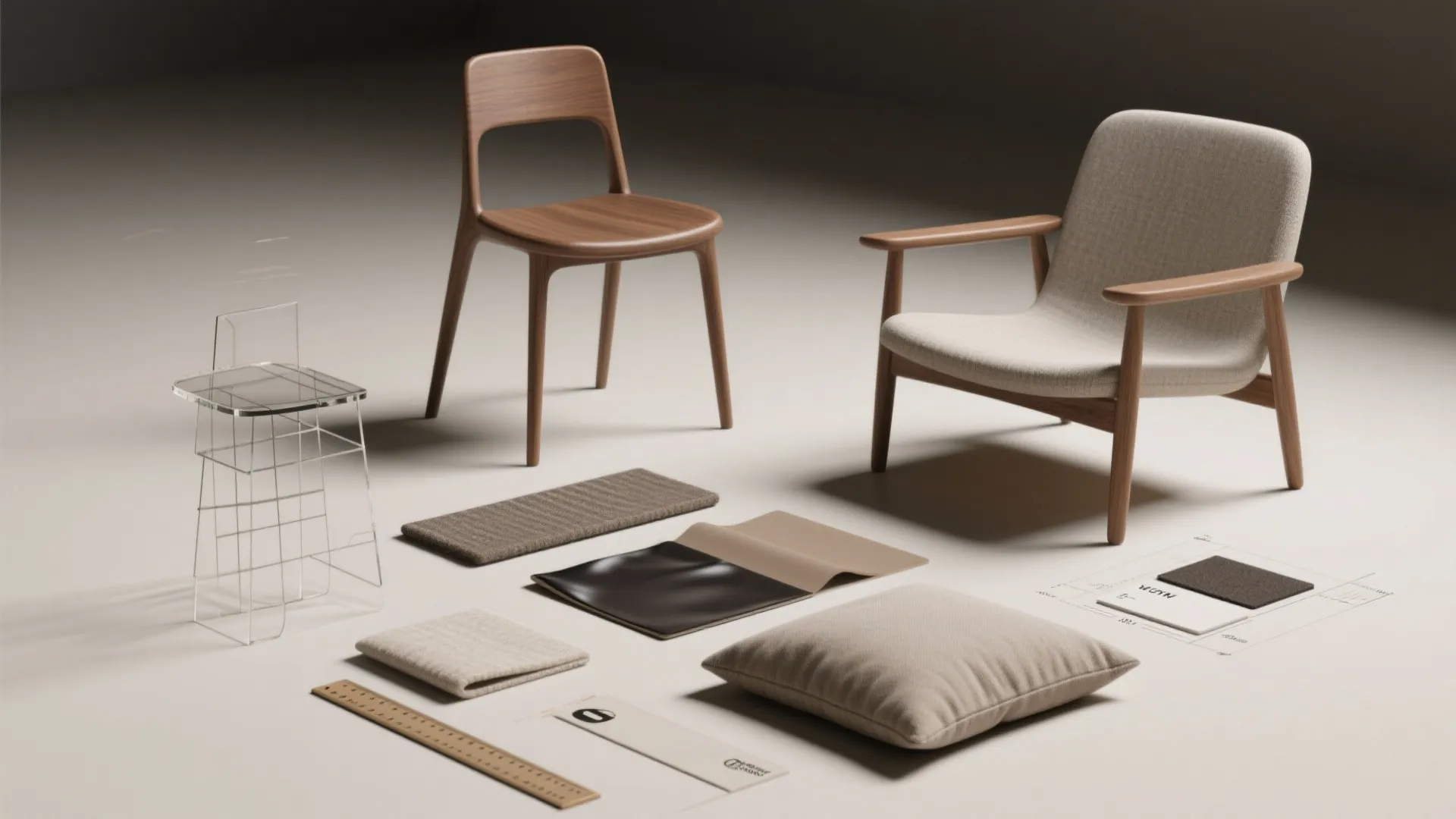 Interior design collection with wooden chair fabric samples cushion and interior design drawing on floor