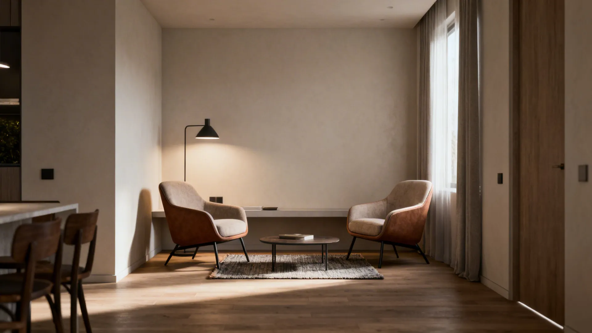 Accent chairs angled to define a conversation nook in an open-plan micro living room with a rug and floor lamp.