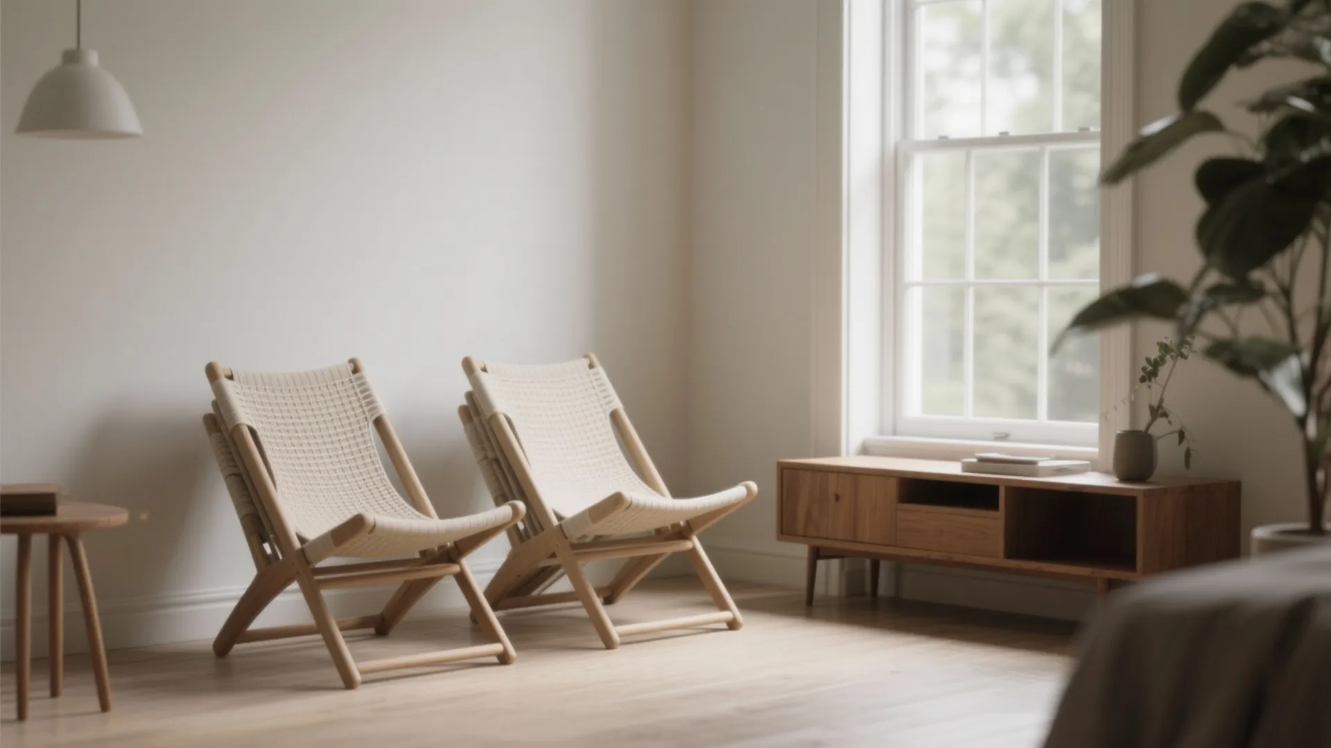 Two woven wooden chairs placed in minimalist room with white walls wood floors and small cabinet