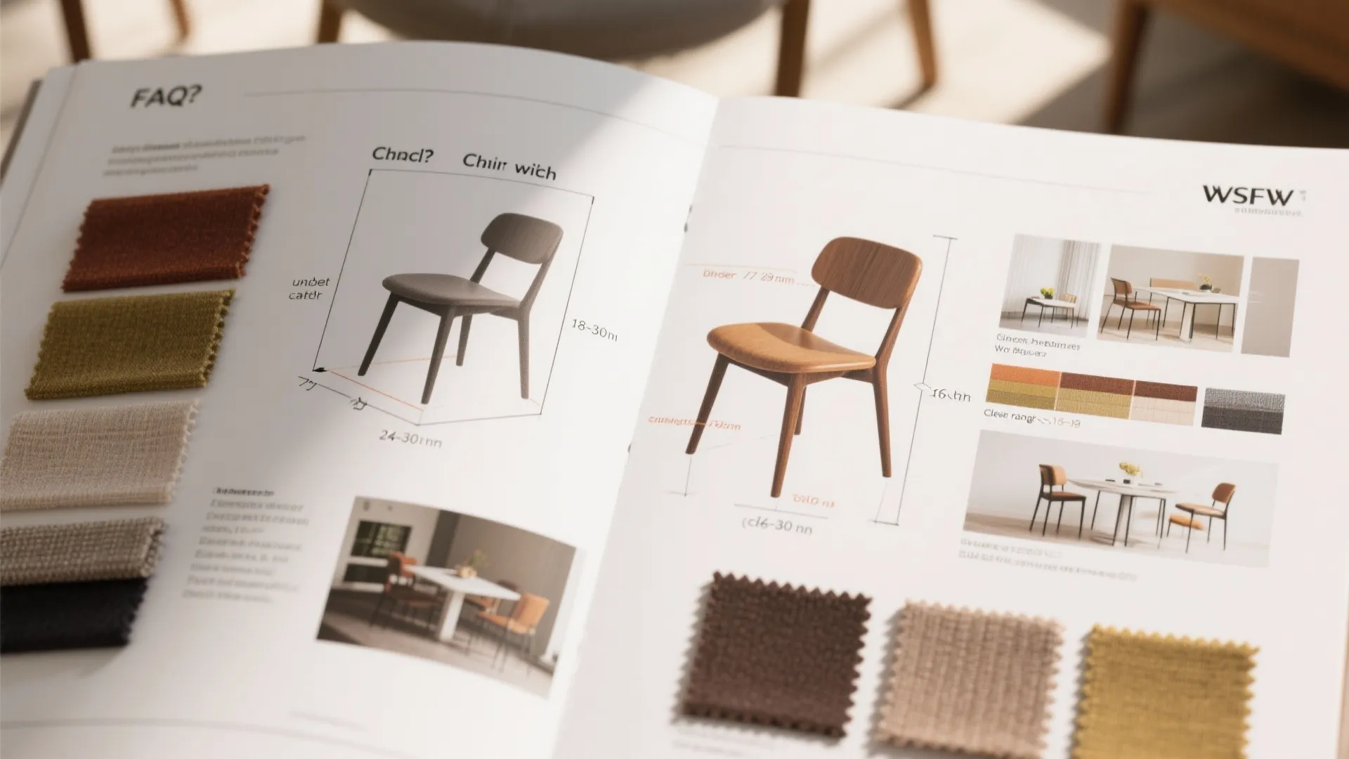 Top-down diagrams and swatches showing chair sizes, clearance recommendations, and fabric suggestions for small living rooms.