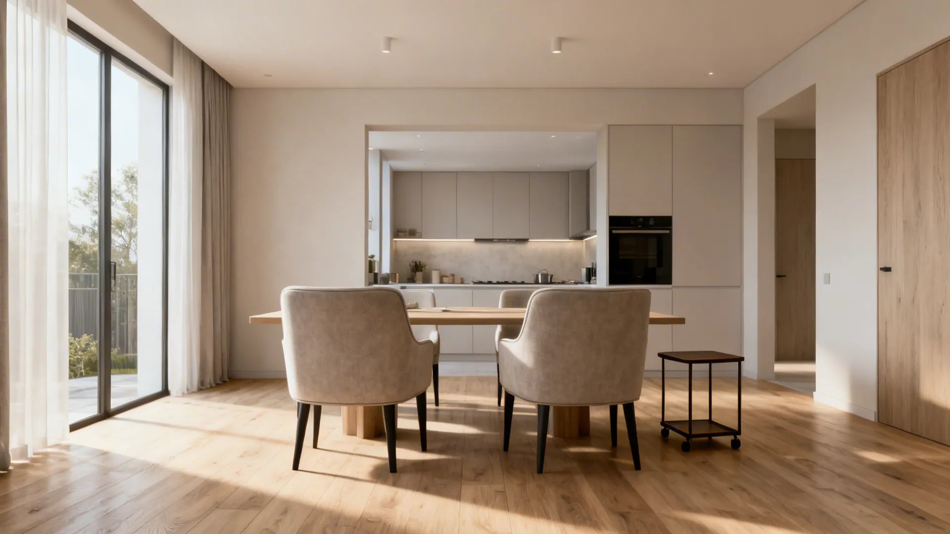 Open-plan living area with two accent chairs positioned to define the living zone and preserve sightlines to the kitchen.