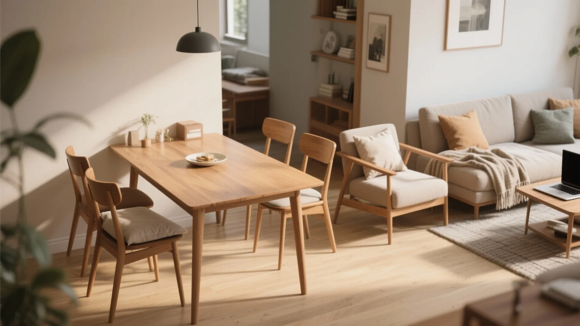 Four wooden chairs used as dining seating and extra living-room seats, with cushions and a laptop setup.