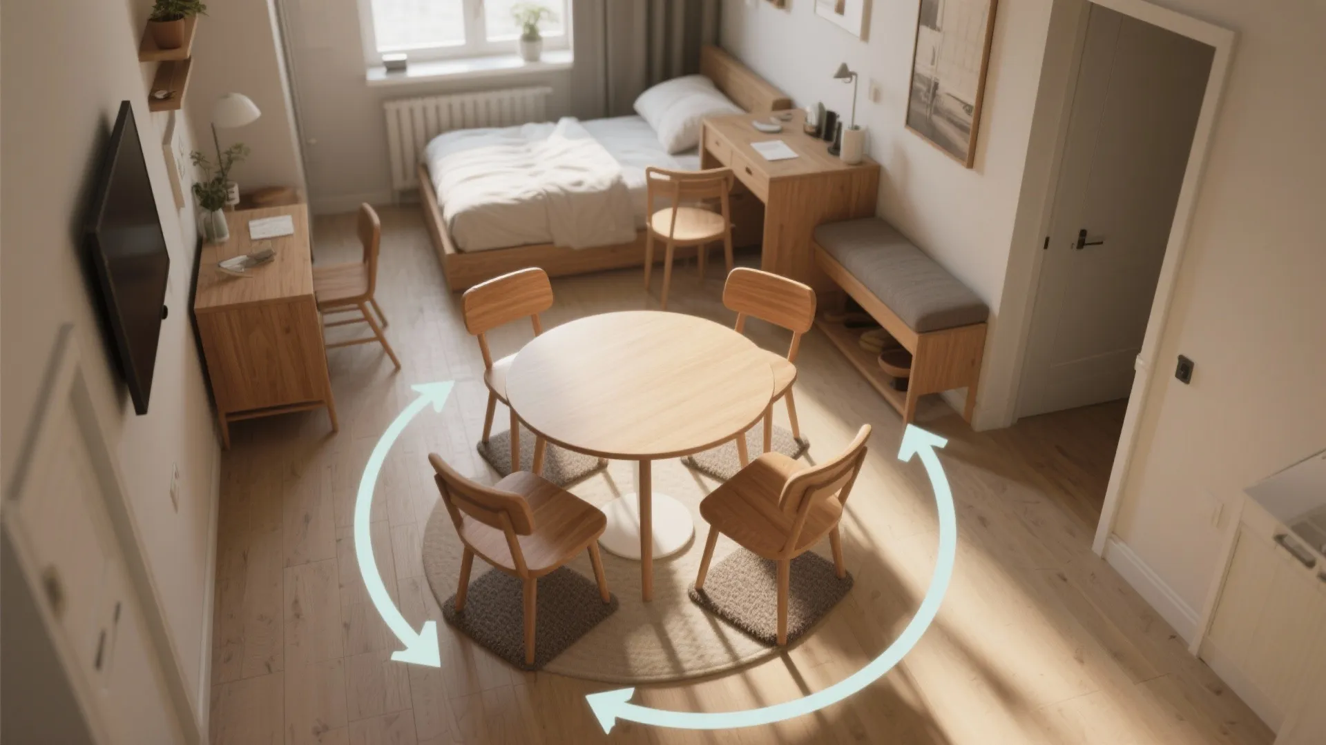 Top view of a small apartment showing a wooden dining table and four wooden chairs