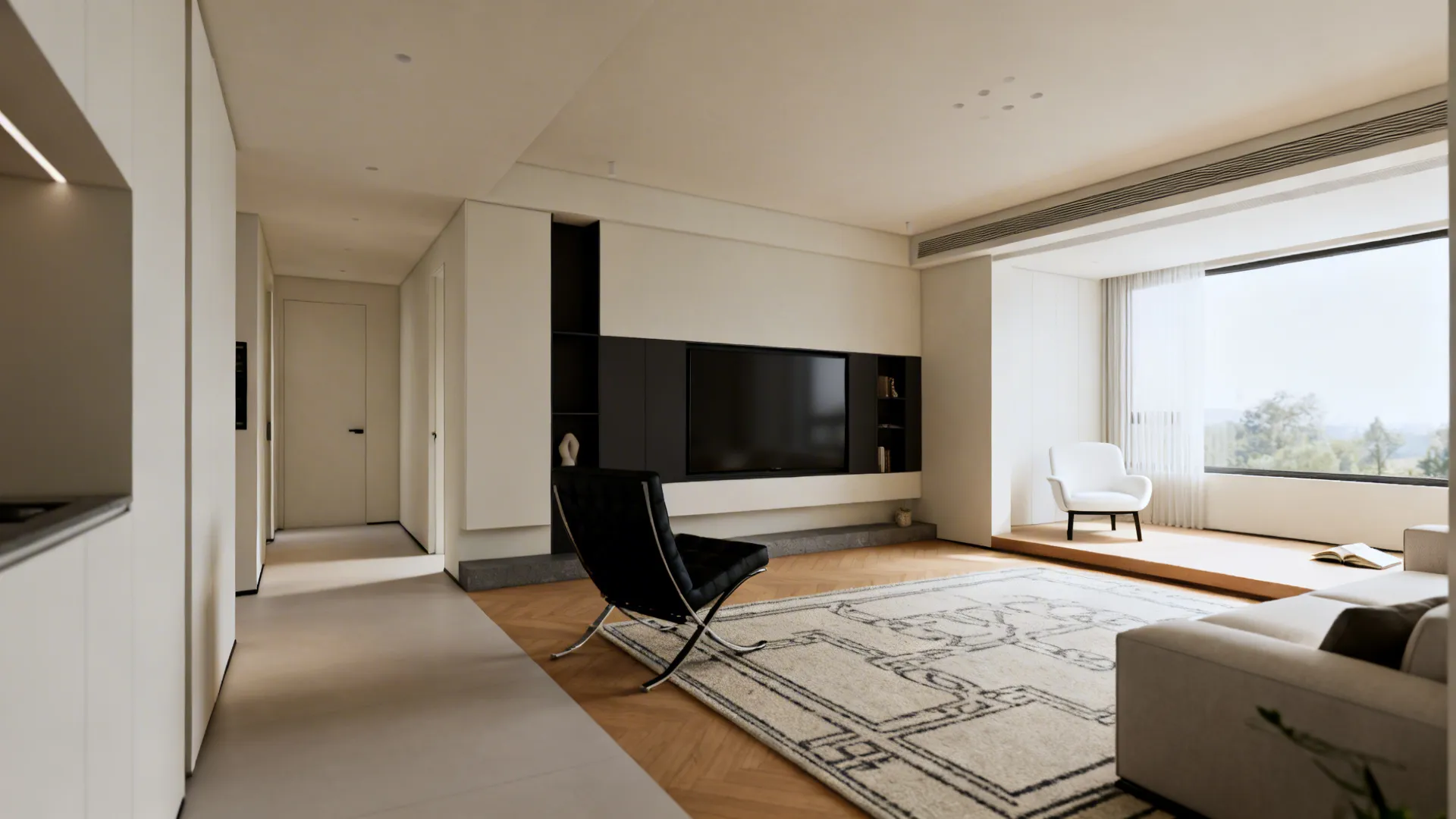 Minimalist living room featuring black wall cabinet wooden floor large rug and modern black chair