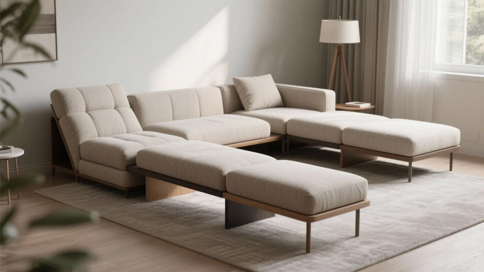 Beige modular sofa with footrest floor lamp grey rug and natural light in minimalist living room