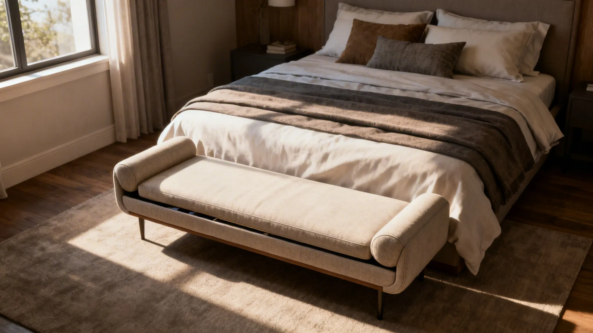 Slim chaise lounge at the foot of a bed with layered pillows in a master bedroom.