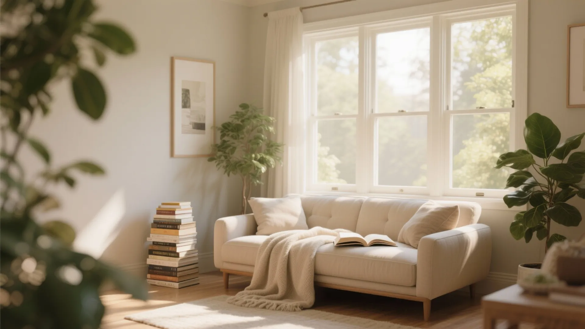 Bright living space featuring a white sofa by windows stack of books and green indoor plants