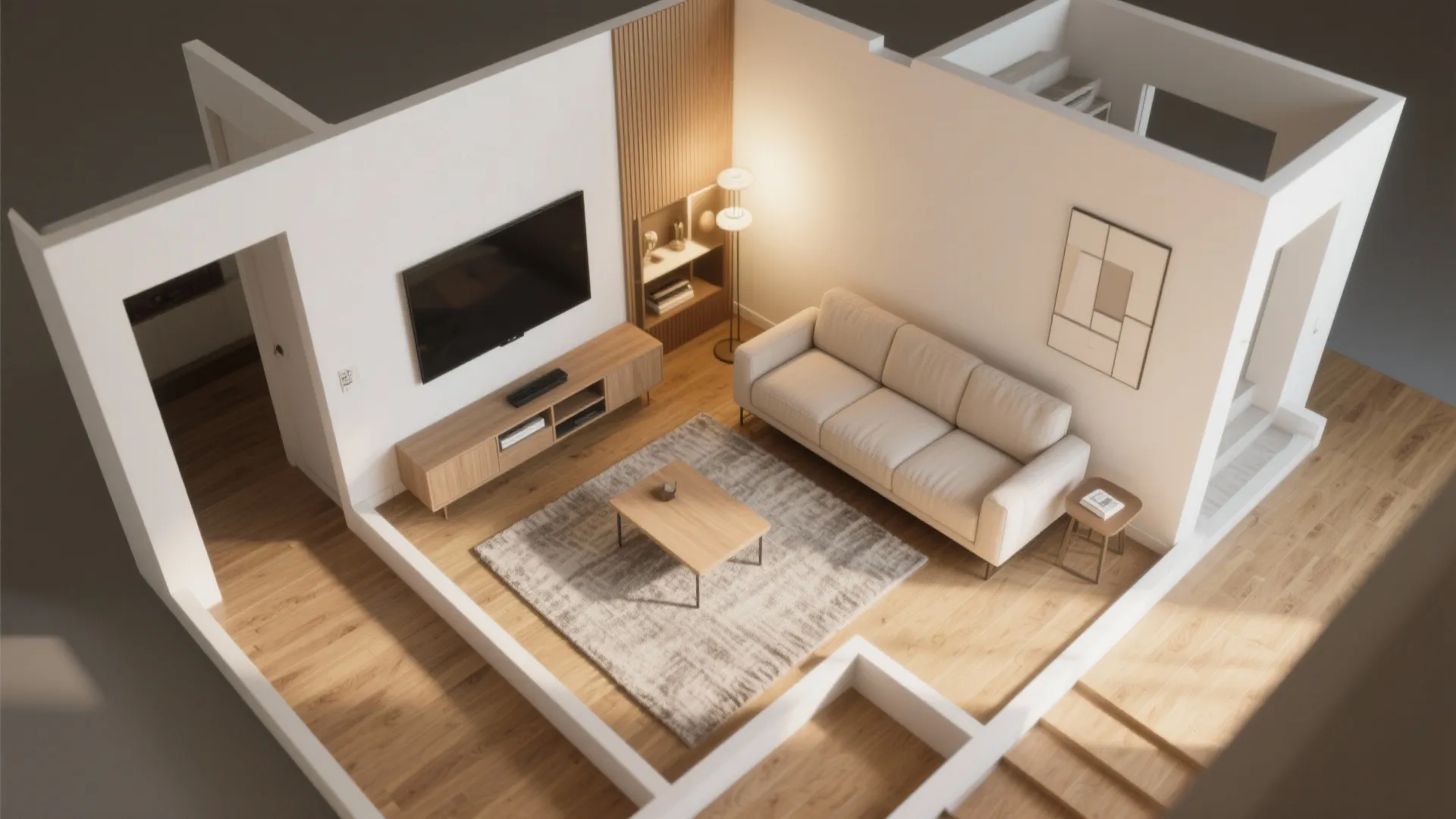 Interior design drawing of a small living room with sofa tv cabinet and wood floor layout