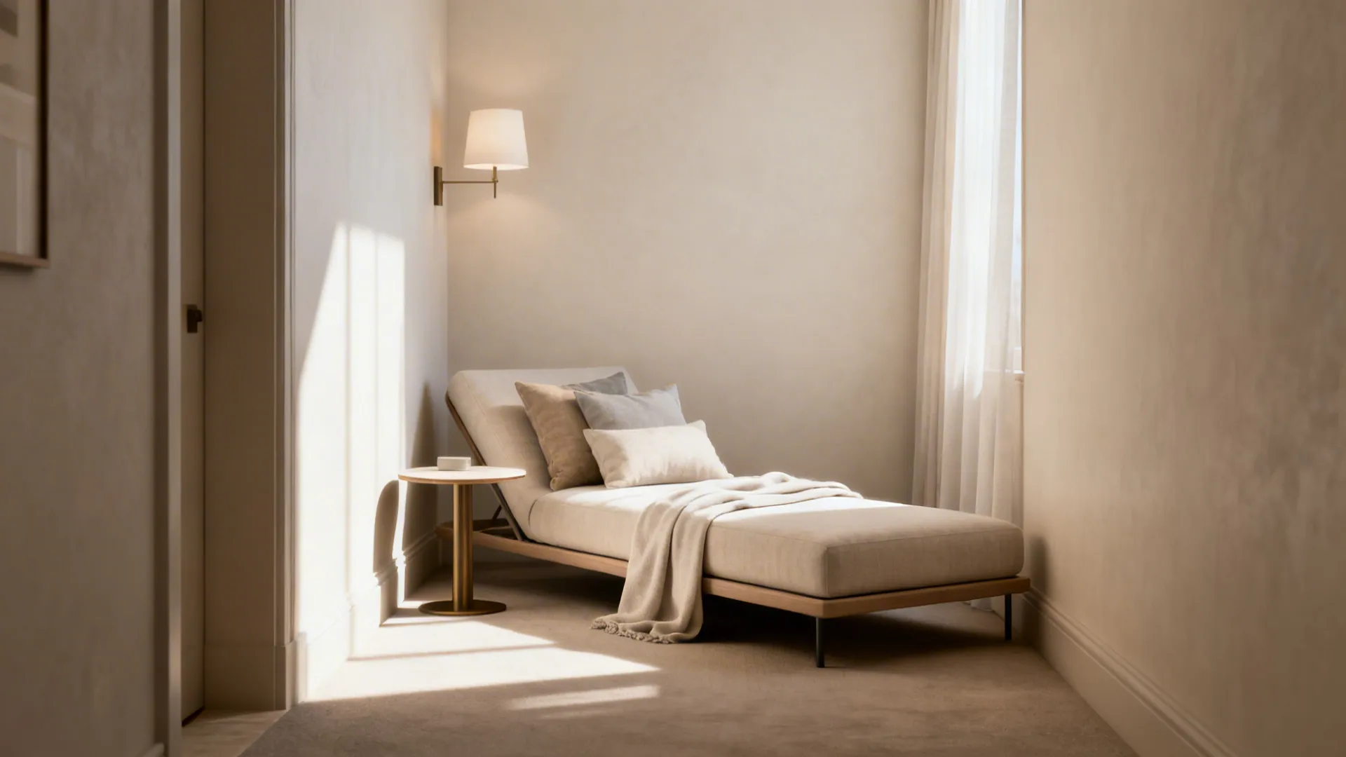 Slim chaise lounge in a corner with layered cushions and a throw for lounging.