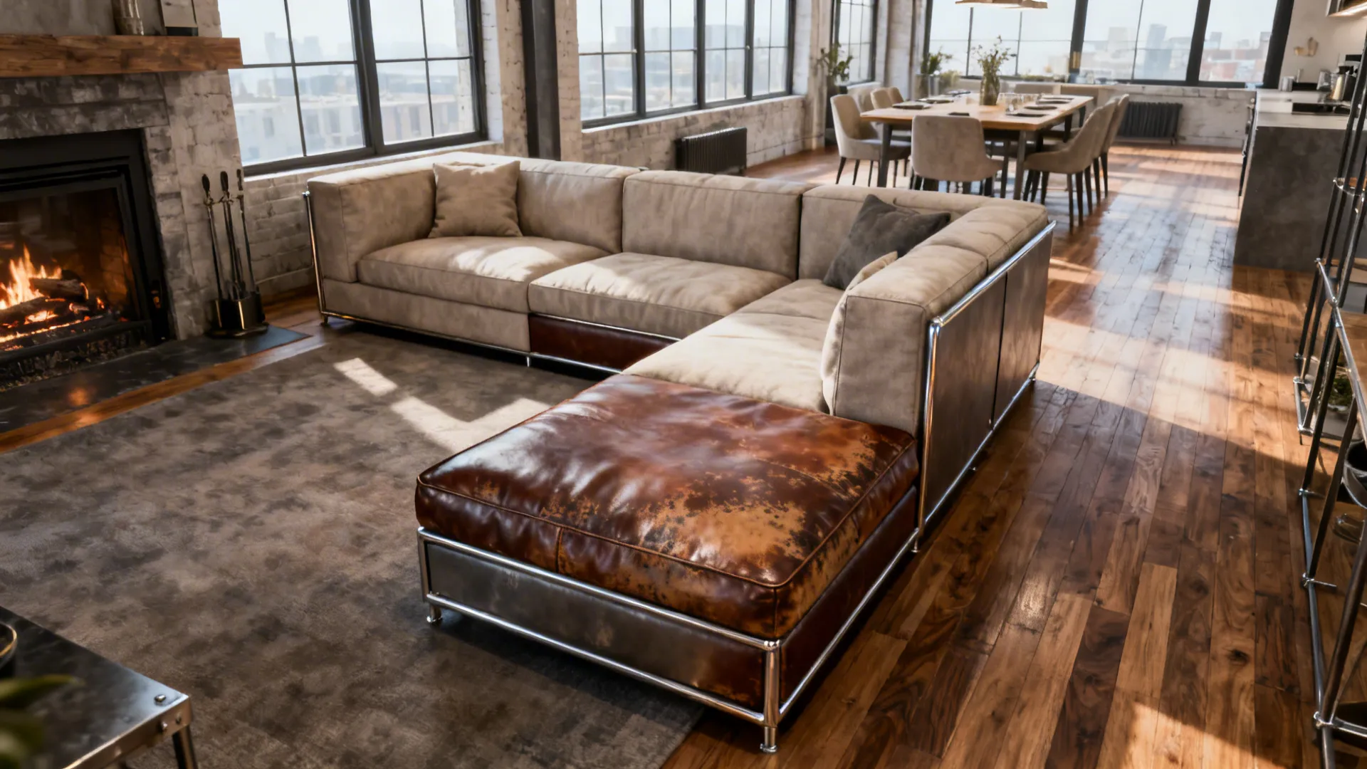 Modular sectional with a chaise creating a subtle zone division near a fireplace in an open-plan space.