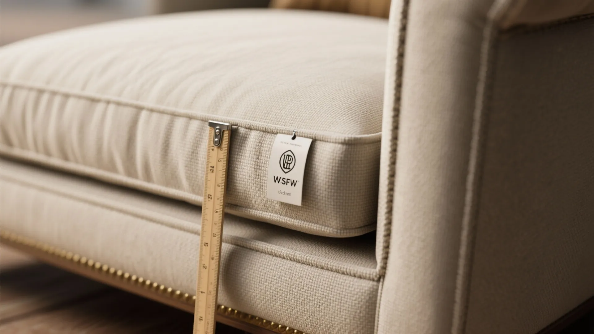 Close up of a beige sofa cushion with a ruler measuring thickness next to brand tag