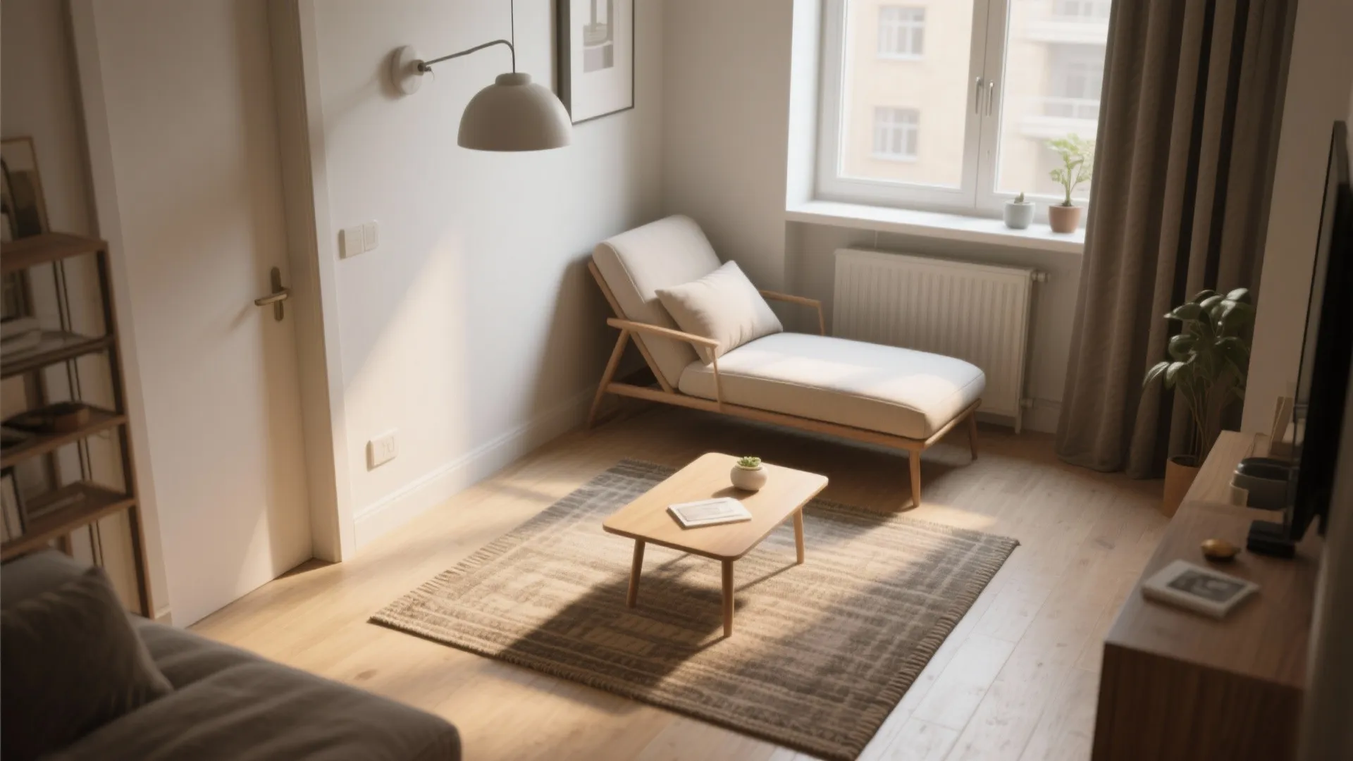Beige lounge sofa with white pillow near window in bright room with wooden coffee table