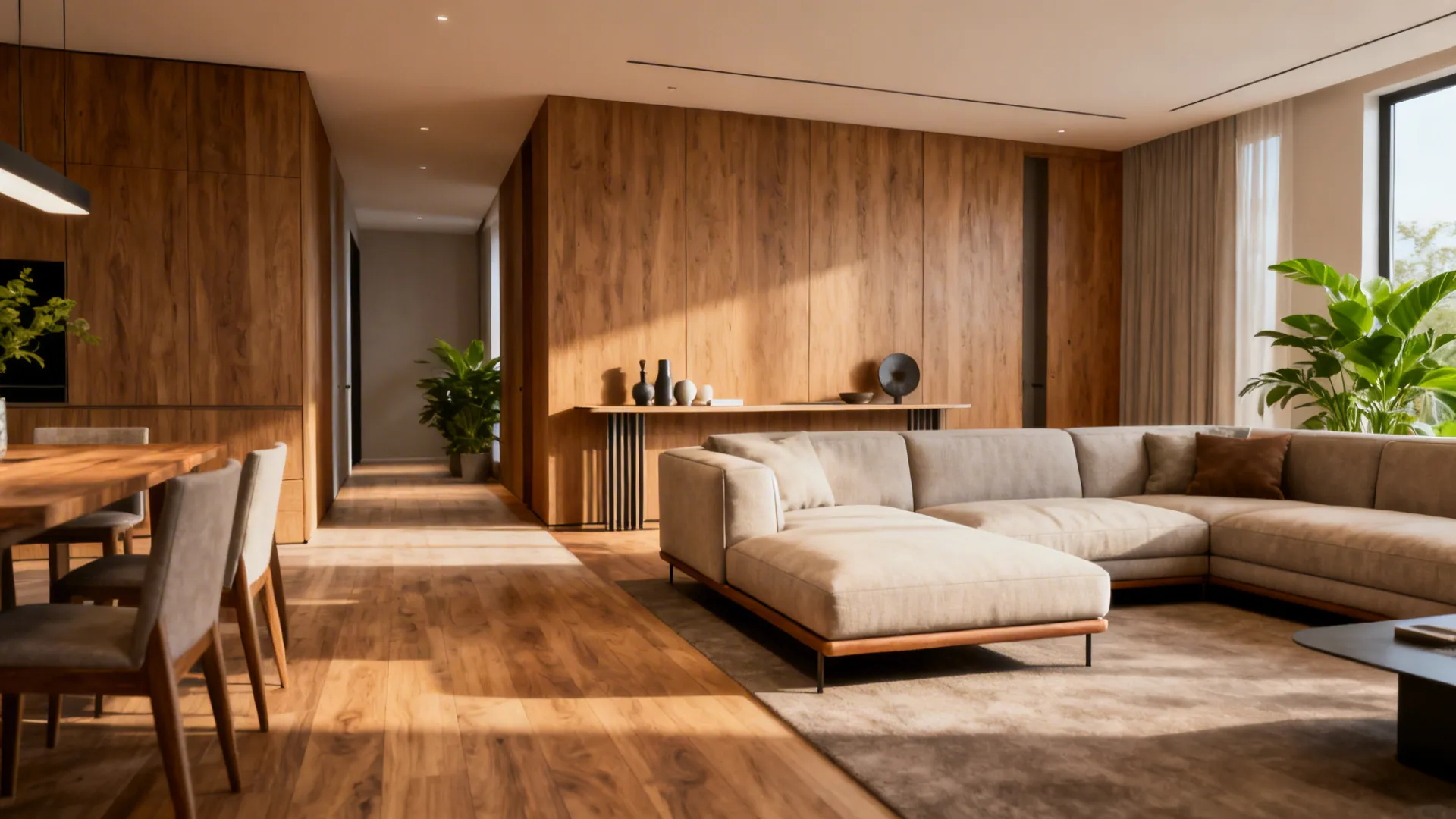 Open-plan space where the chaise end of an L-shaped sofa divides living and dining areas