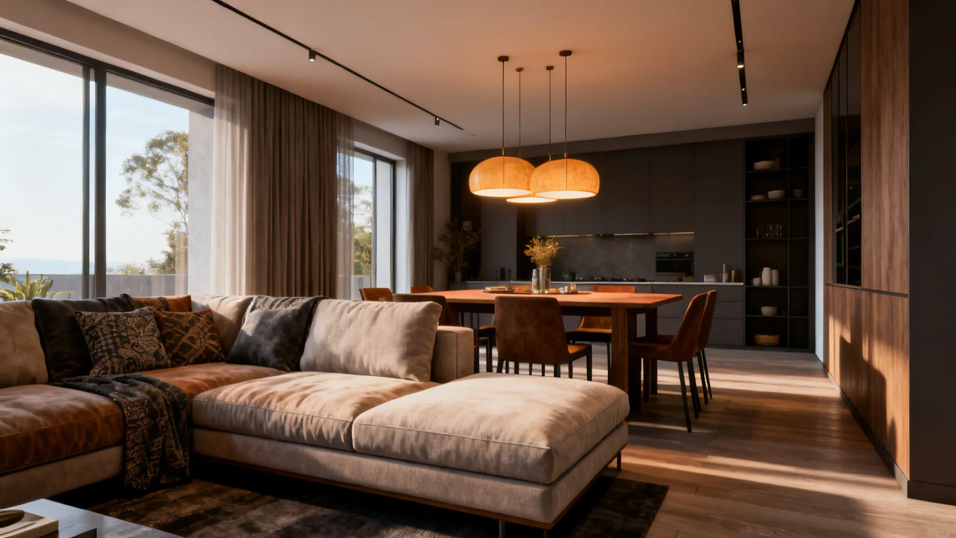 Open-plan space using the chaise of an L-shaped sofa as a subtle divider between living and dining