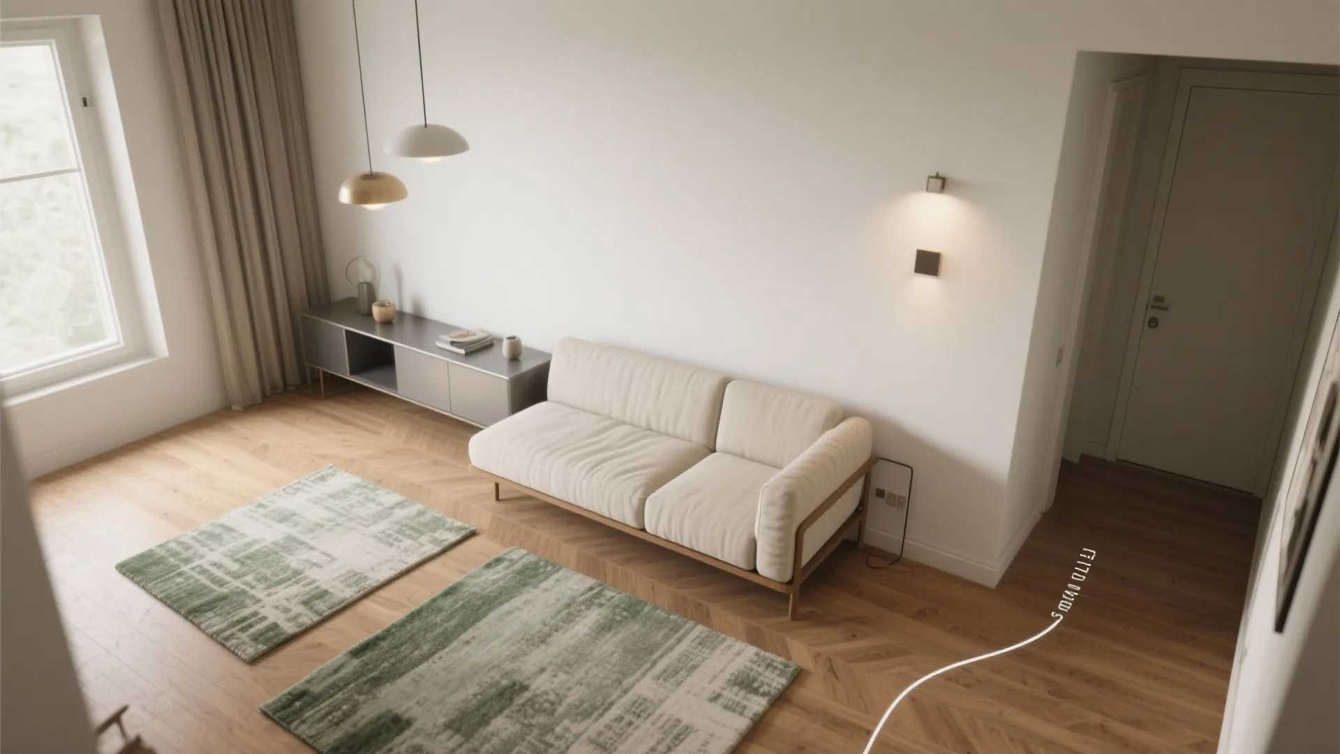Modern living room with beige sofa wood flooring green area rugs and two ceiling light fixtures