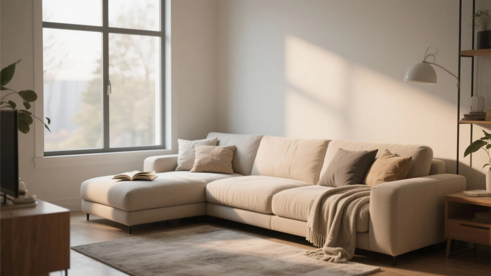 Modern living room with beige sofa next to a large window and white floor light