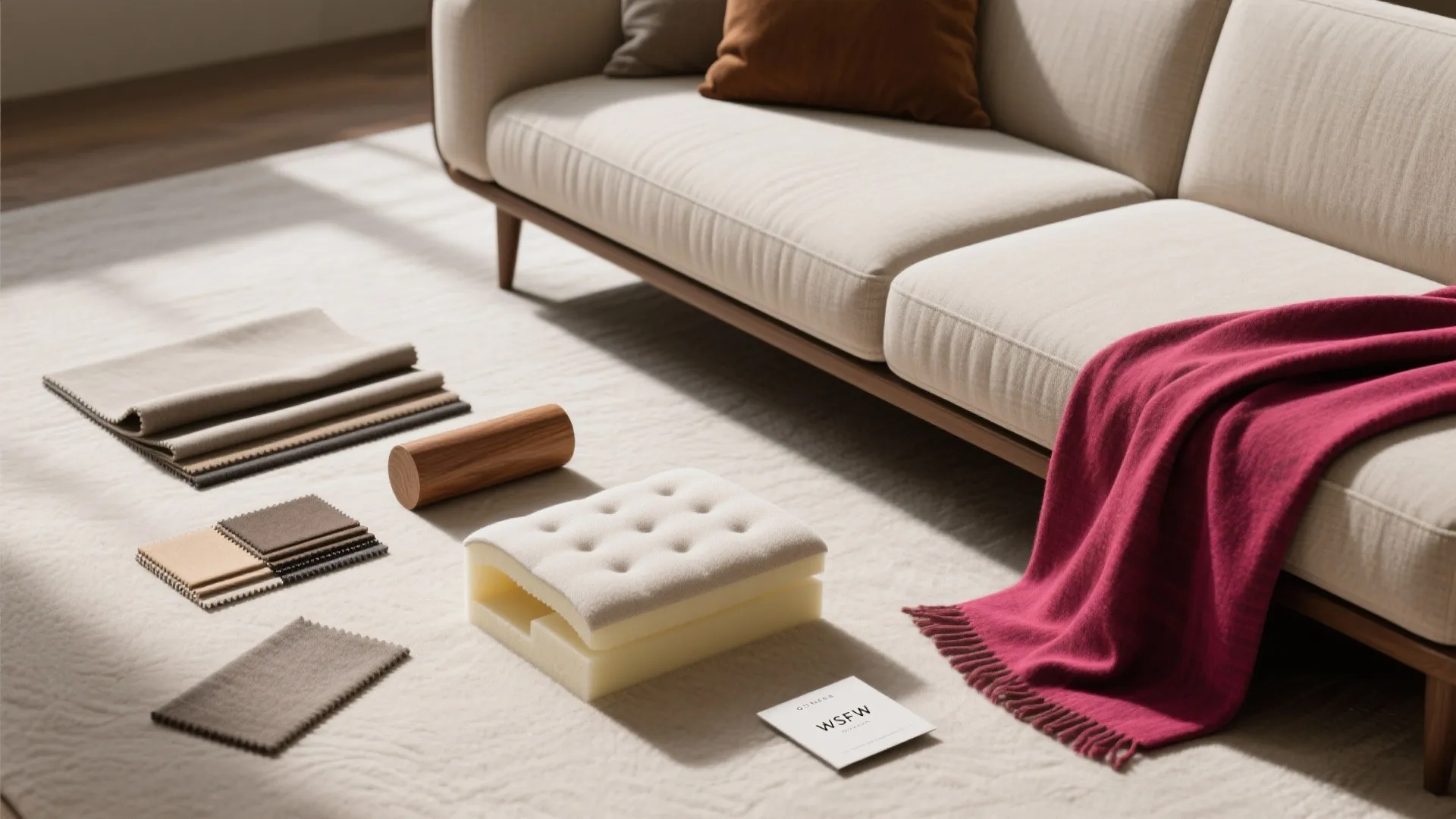 Modern cream sofa on white rug with fabric material samples wood block and red blanket