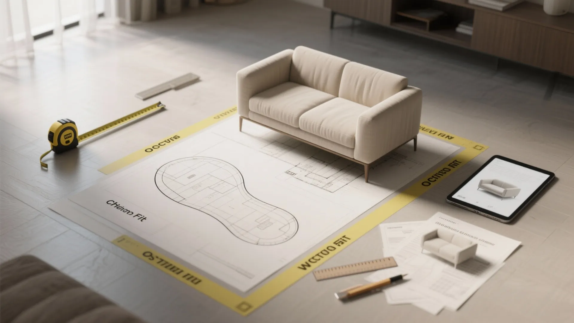 Interior design drawing with cream sofa measuring tape tablet and floor plan on wooden floor