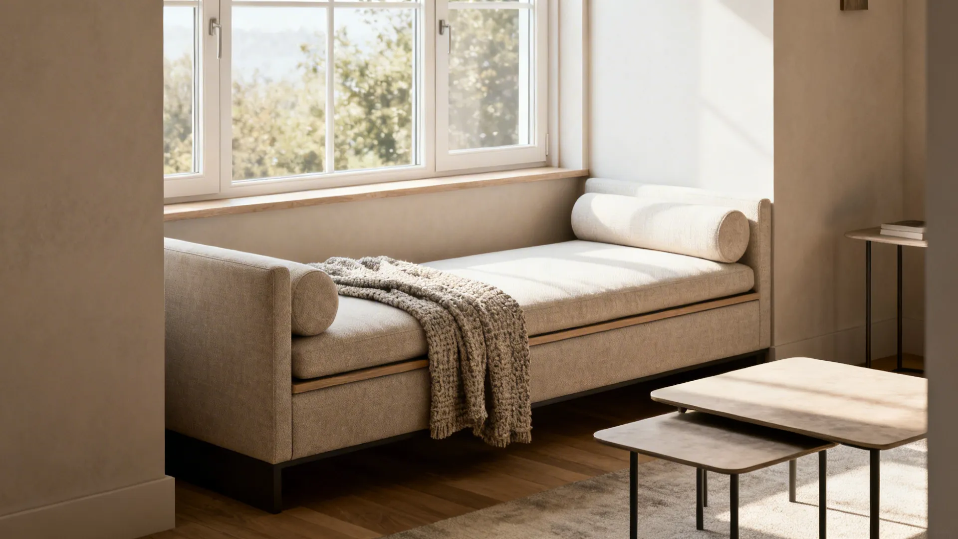 Chaise-focused sectional oriented toward a window with nesting tables beside it