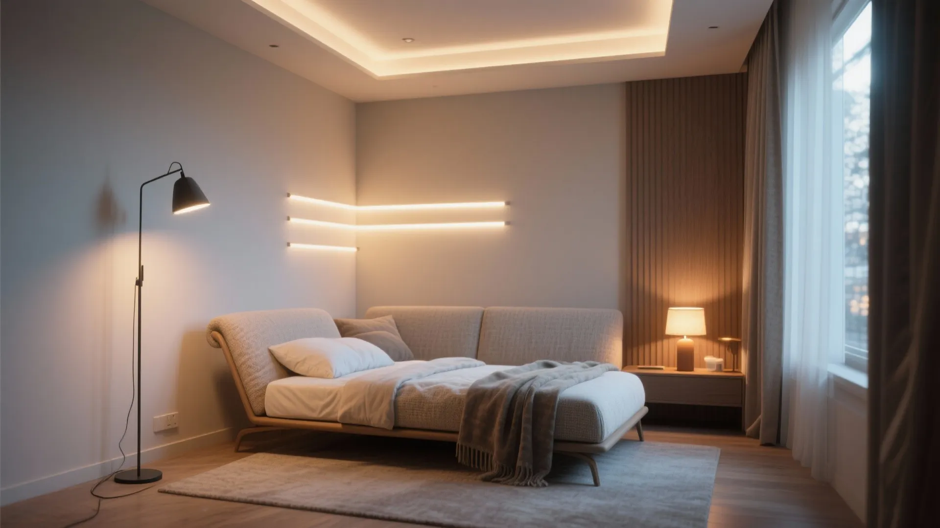 Minimalist bedroom with beige sofa bed floor lamp warm wall lighting and wooden wall panel