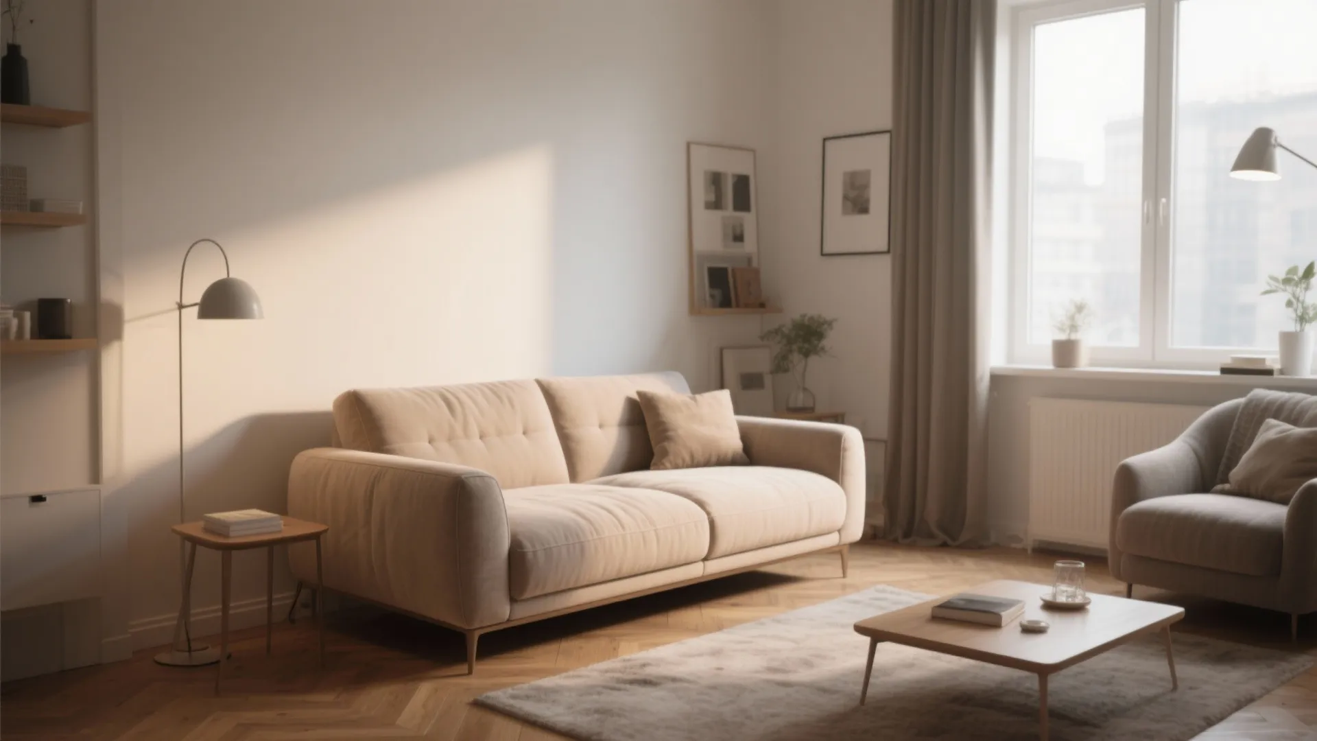 Minimalist living room with beige sofa wood coffee table floor lamp rug and large window view
