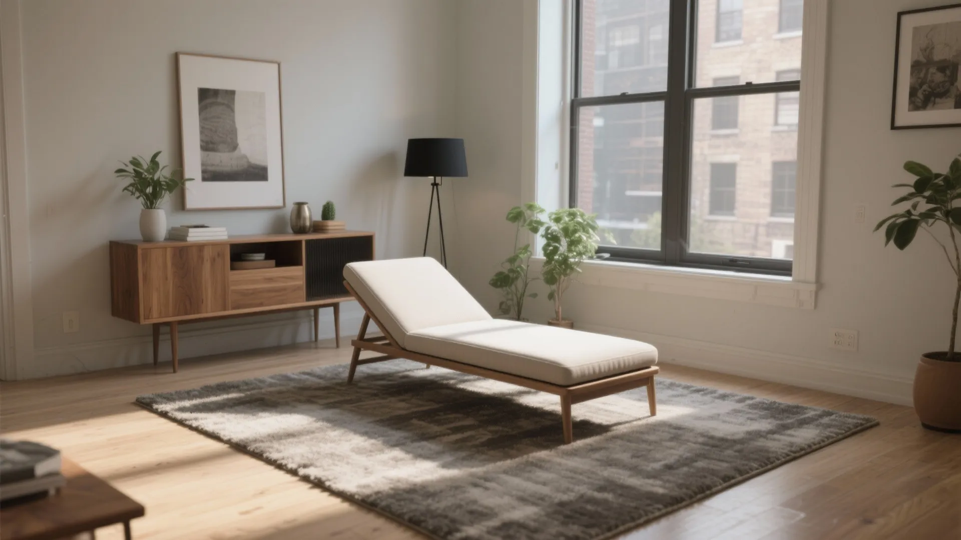 Light living room with white sofa wooden cabinet black floor lamp window and green plant