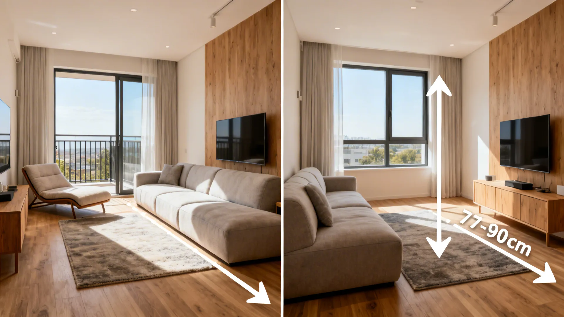 Before-and-after of chaise orientation showing blocked vs clear circulation.