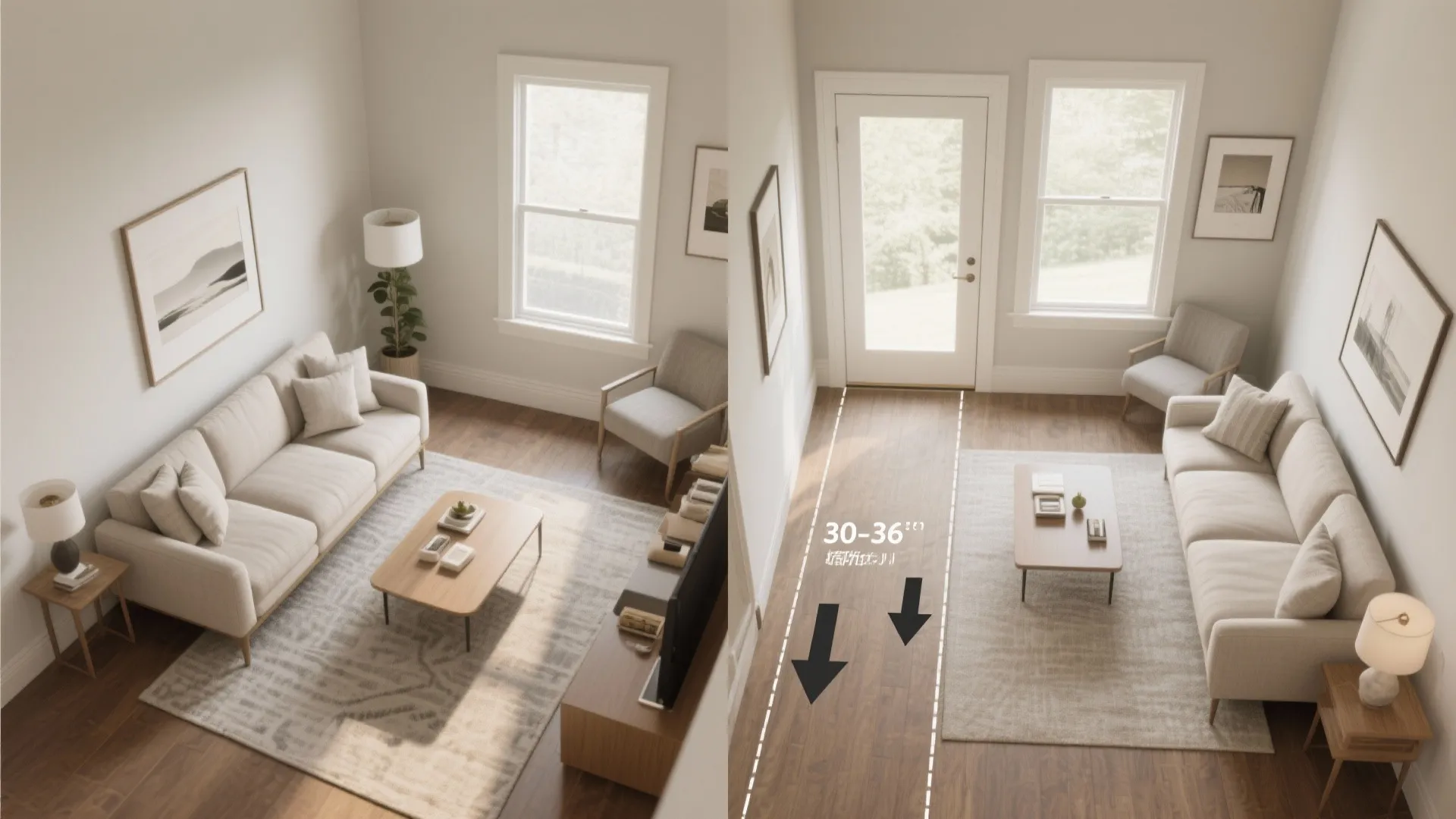Top-down comparison of chaise left versus right and the traffic lane.