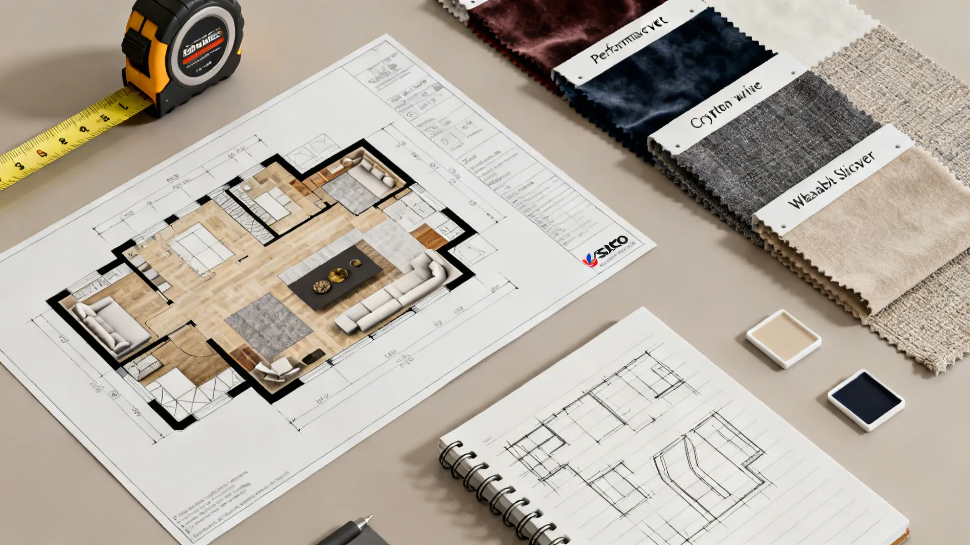 Flatlay of 3D floor planner printout, measuring tape, and fabric swatches for chaise planning.
