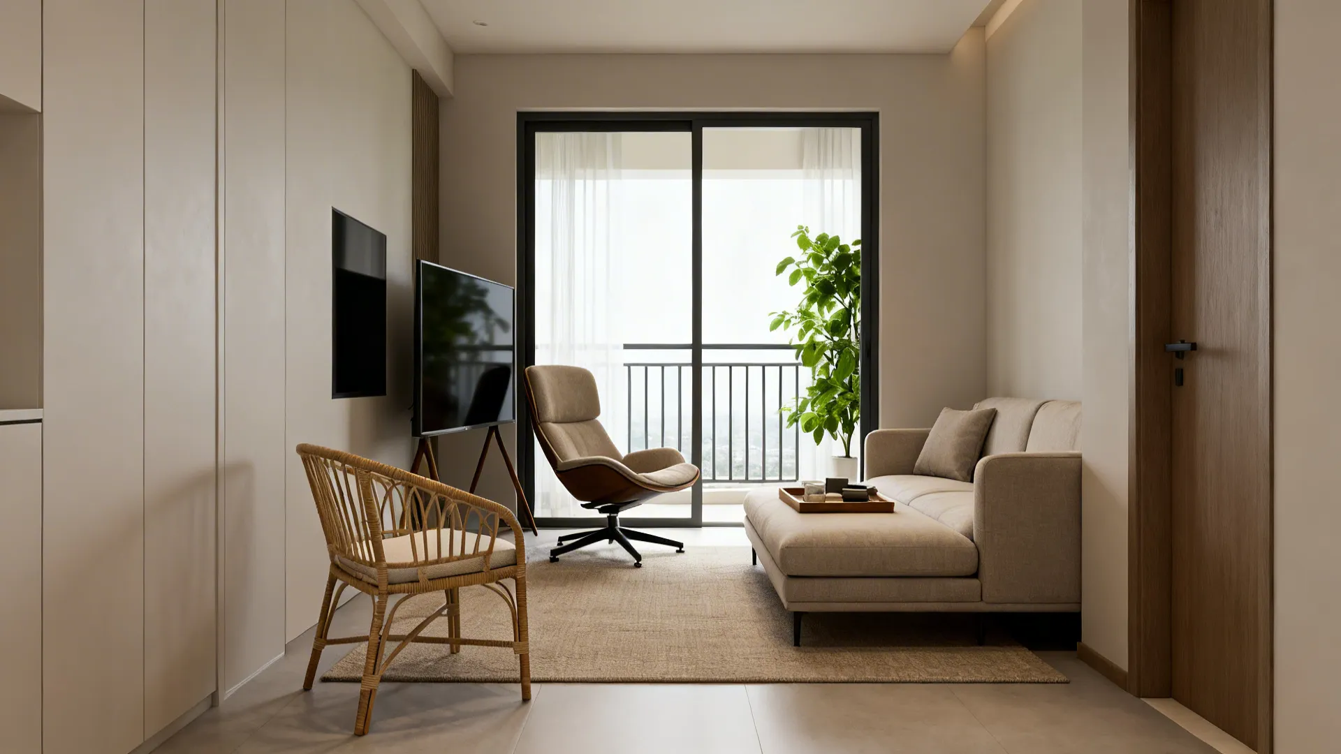 Small modern living room with beige sofa wicker chair swivel seat television and bright balcony window