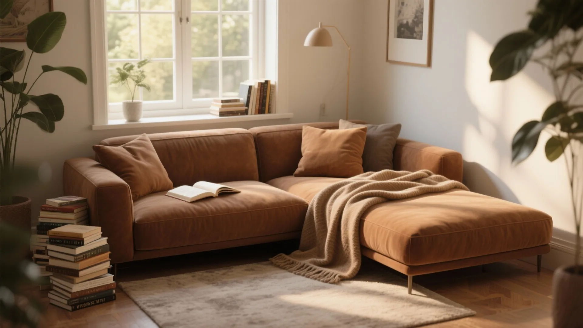 Brown sectional with chaise in a sunny reading nook