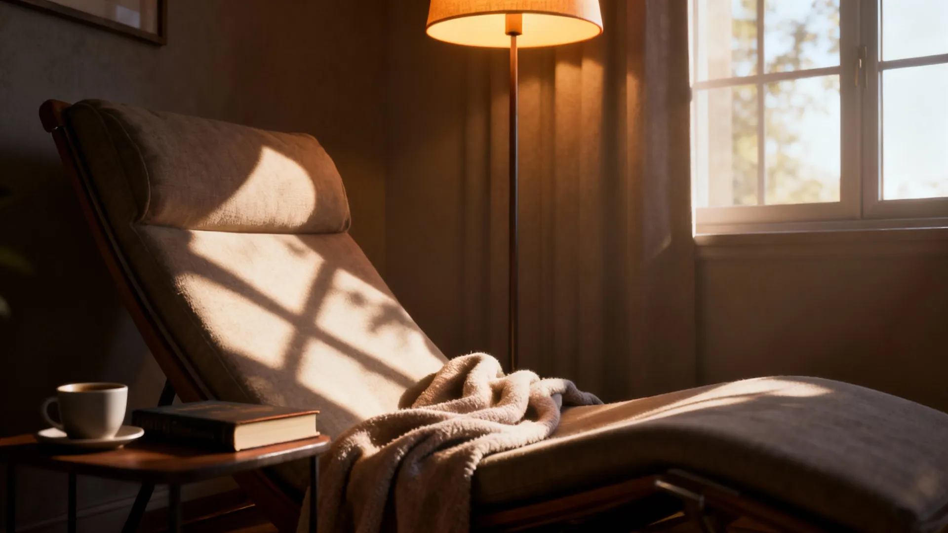 Chaise angled by a sunlit window creating a cozy reading nook
