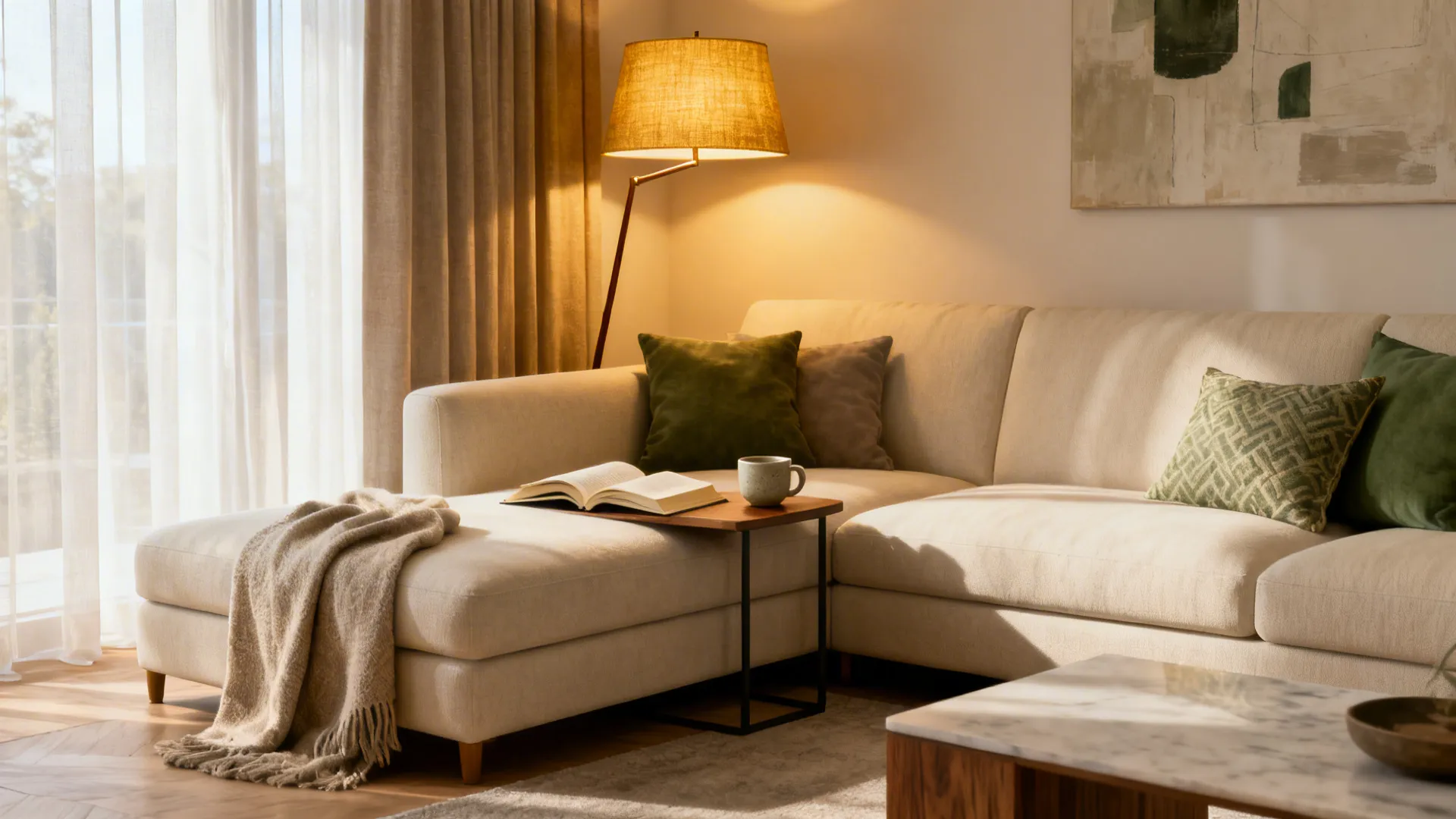 Cozy reading corner with beige sofa floor lamp green cushions open book and small wooden table