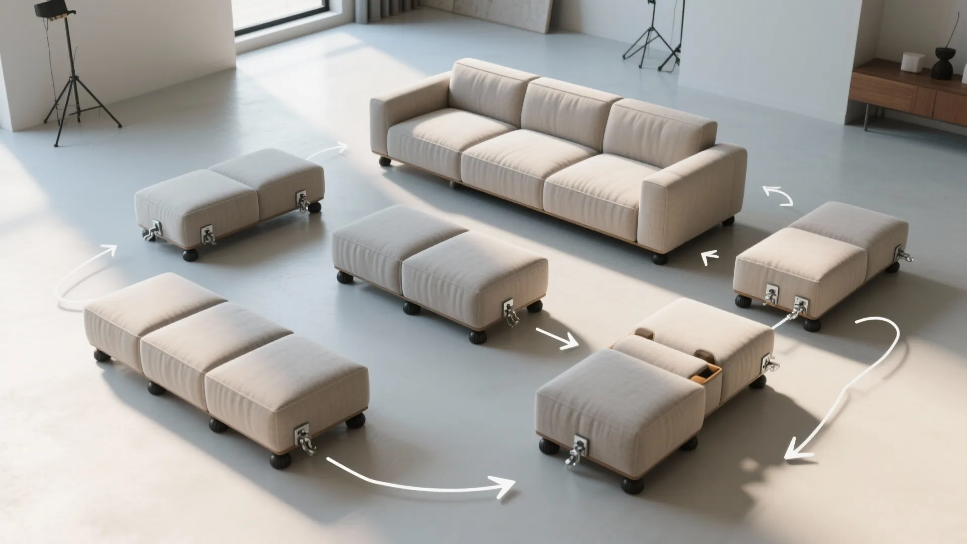 3. Reconfigurable chaise-to-sofa modules